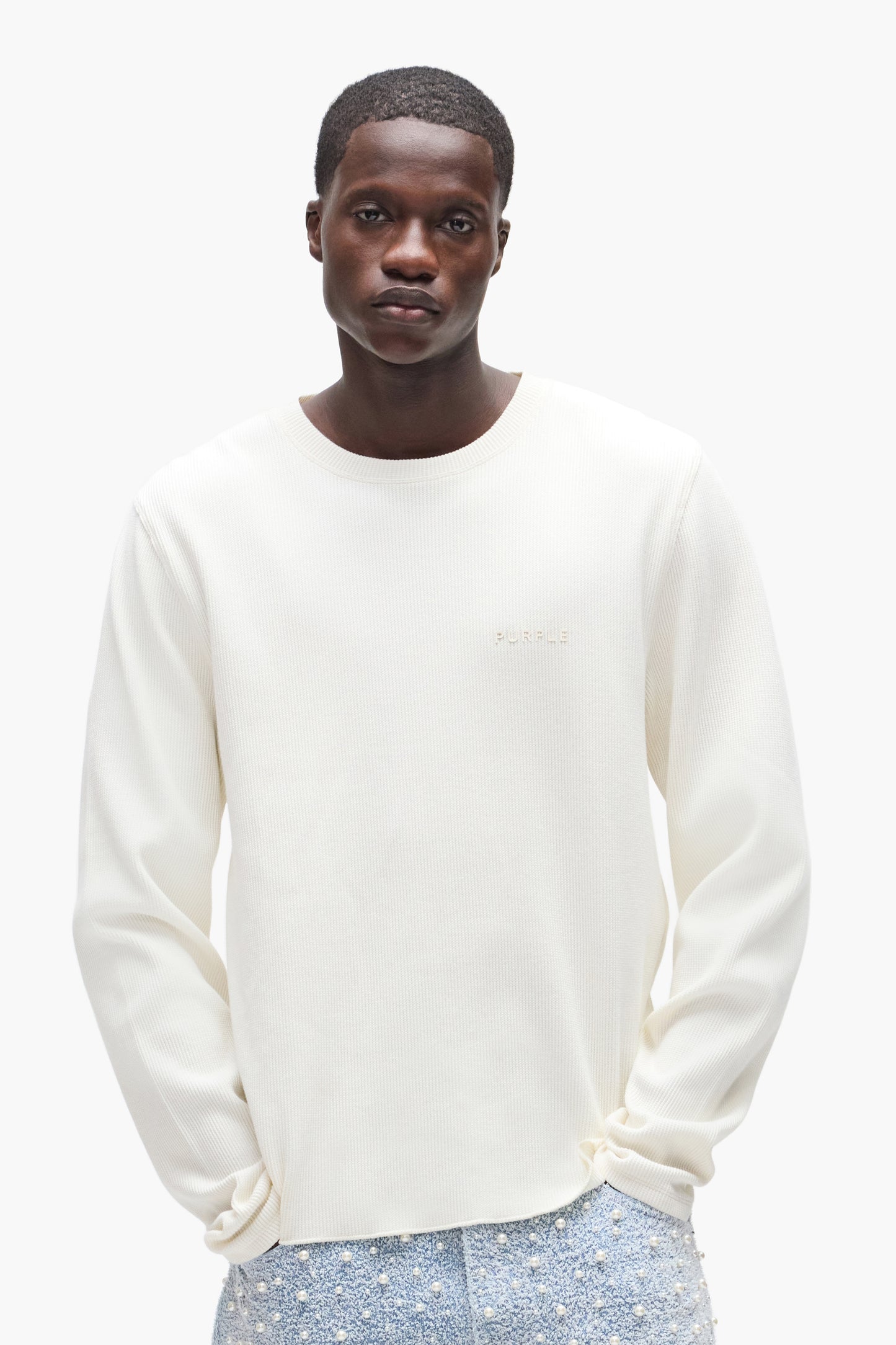 Waffle Long Sleeve Tee in white, made of 98% cotton and 2% spandex, available in multiple sizes.