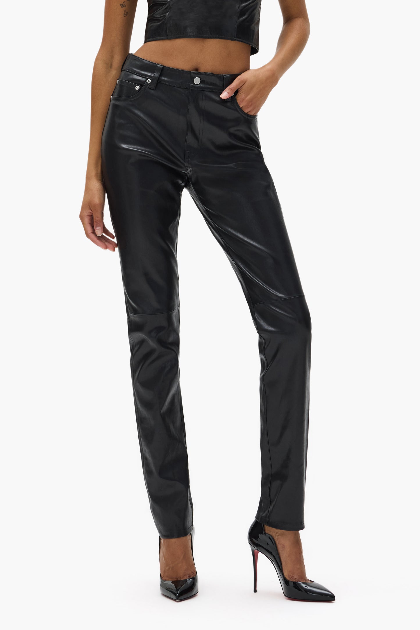 Leather 5 Pocket Pant in black, skinny fit, made from 100% sheep leather. Size options 24-32.