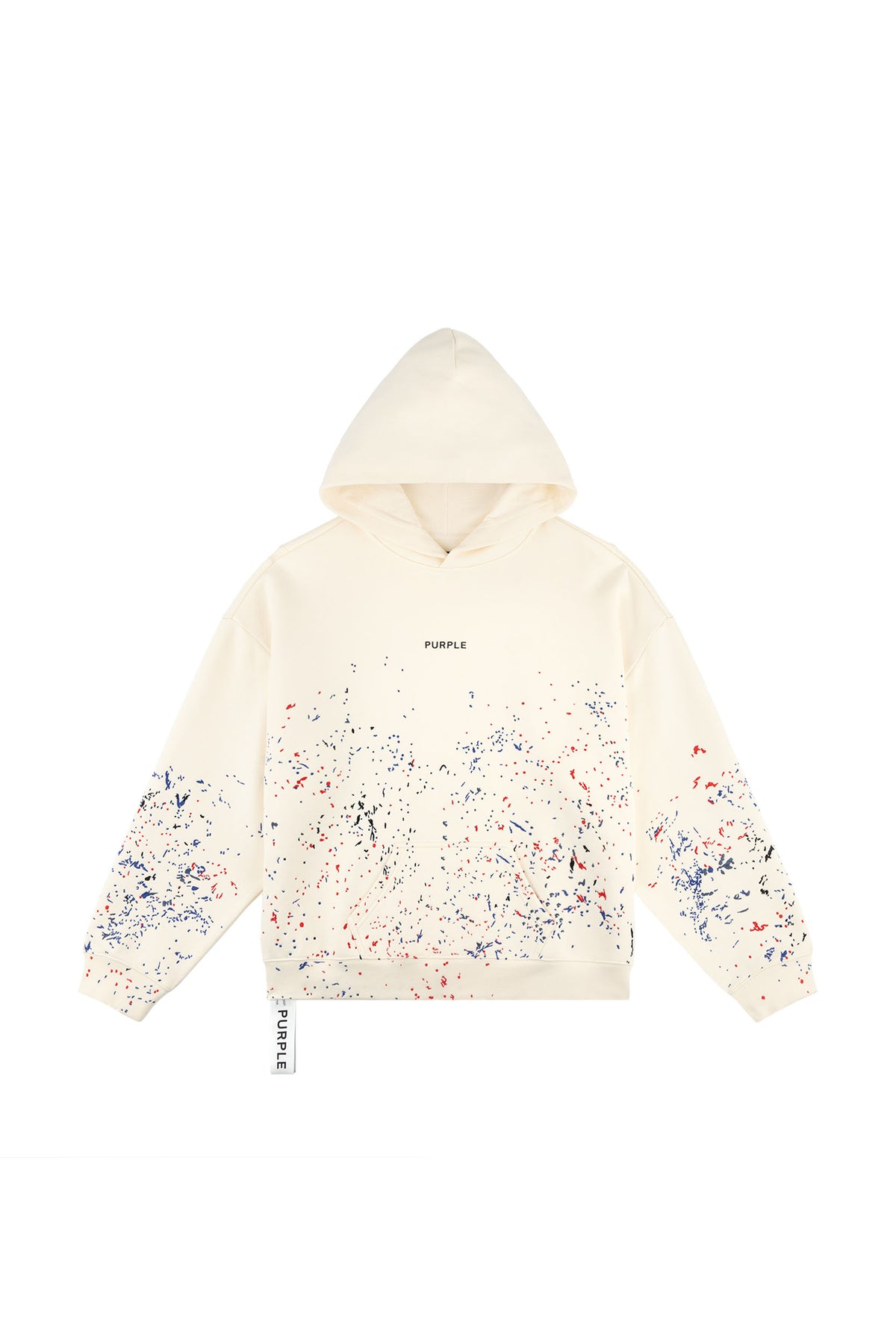 Wordmark Splatter Hoodie in Off-White, oversized fit with kangaroo pocket and silicone print.