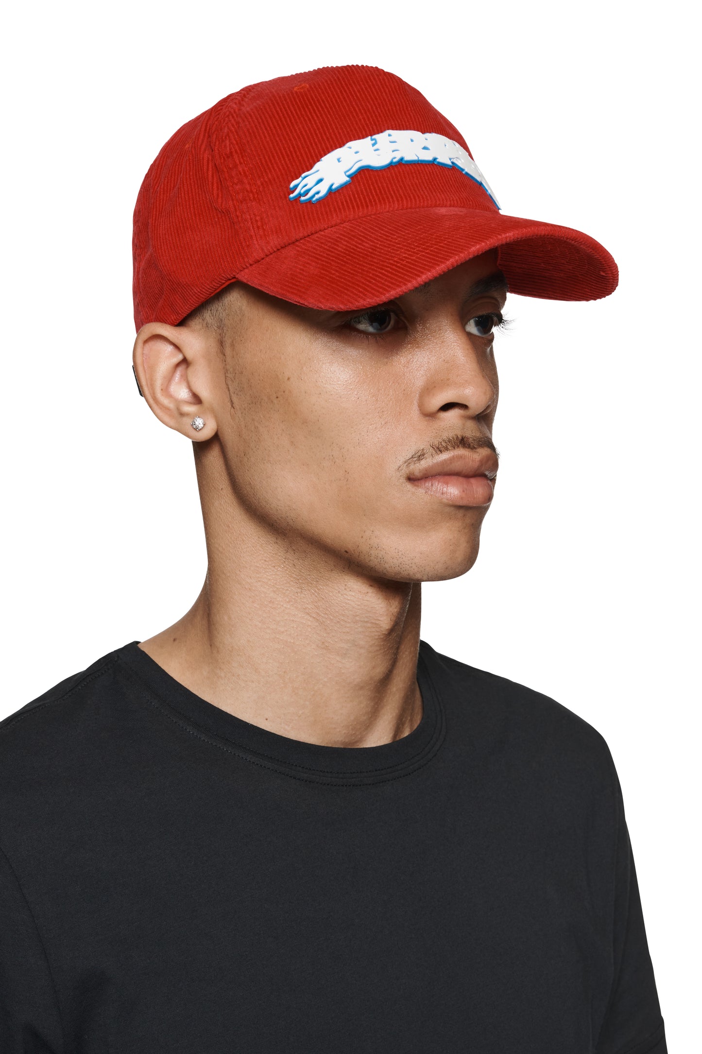 Red Corduroy Five-Panel Hat with Purple Brand Logo and Curved Visor, One Size.