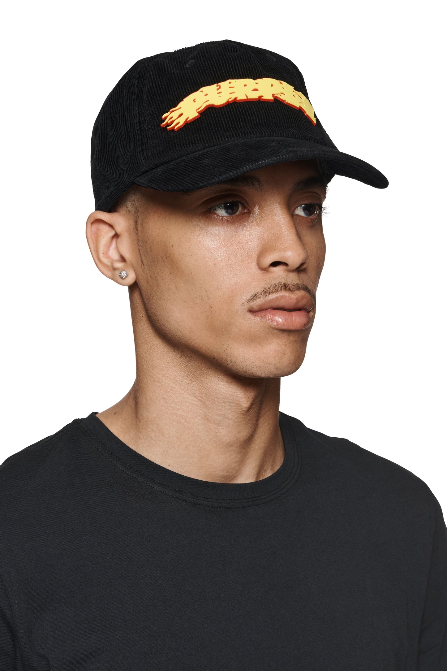 Purple Flames Logo Corduroy Hat in black with curved visor and tonal stitching.