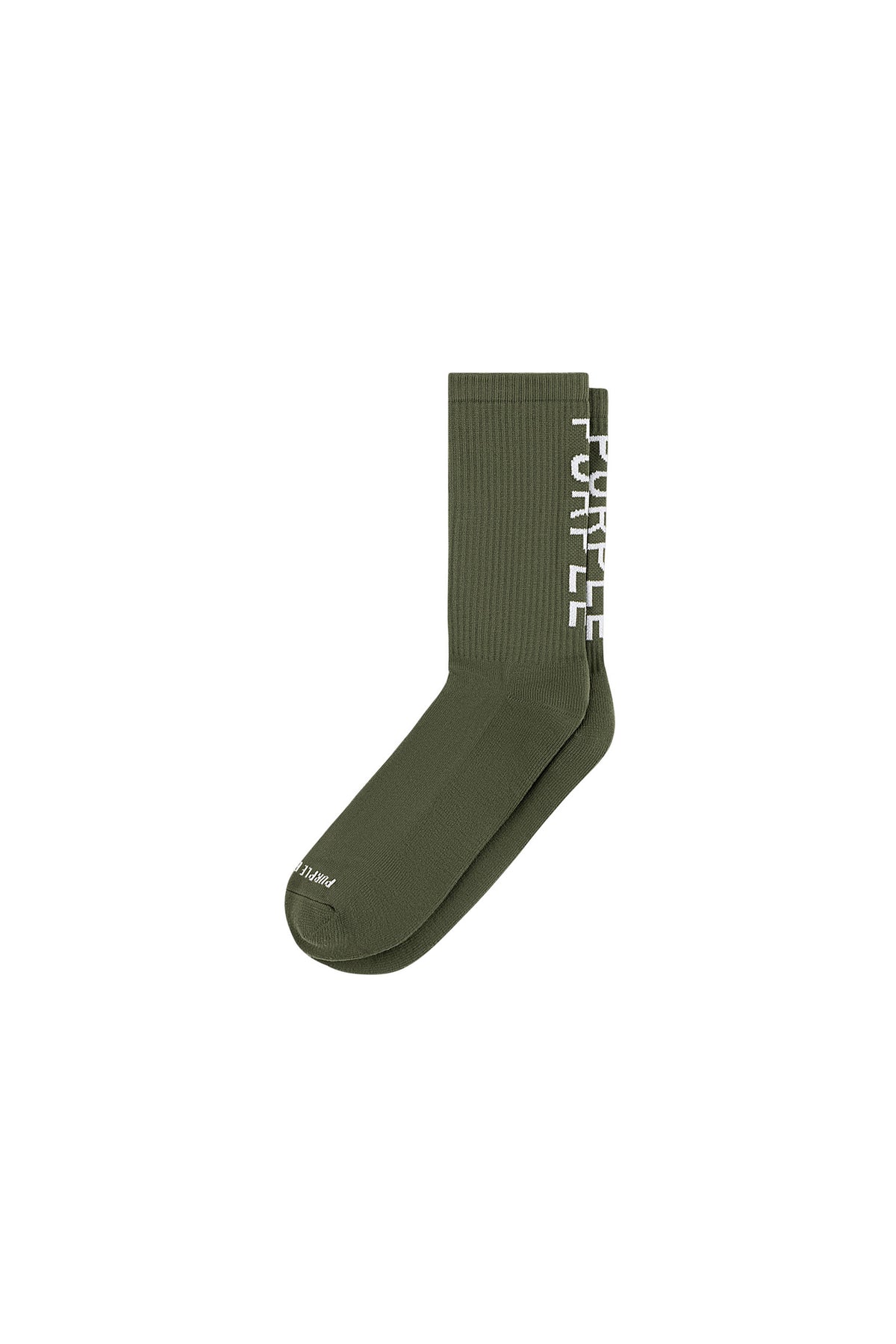 Crew Sock in green with Purple Brand logo lettering, rib-knit, mid-calf design, regular fit.