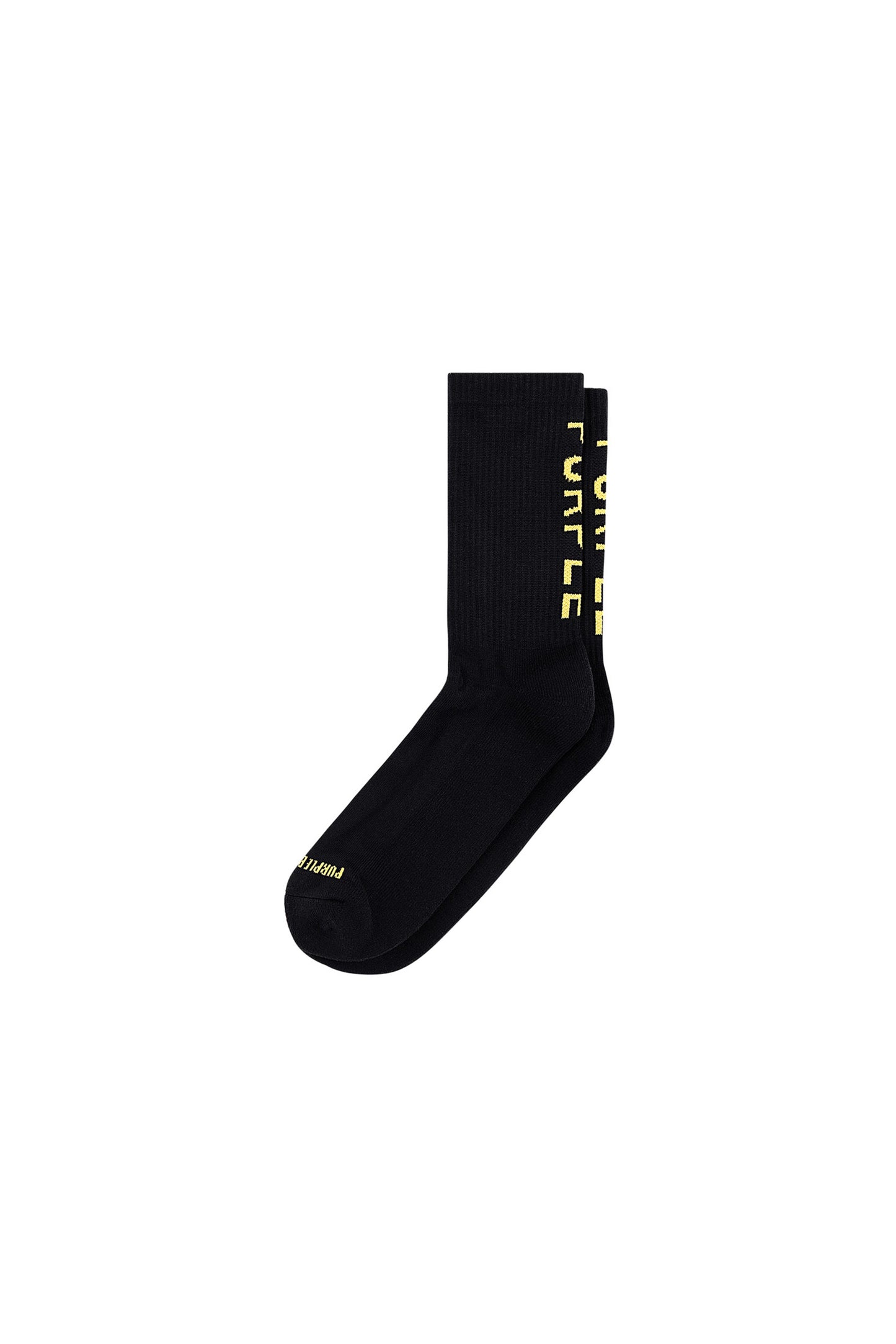 black ribbed crew sock with Purple Brand logo lettering