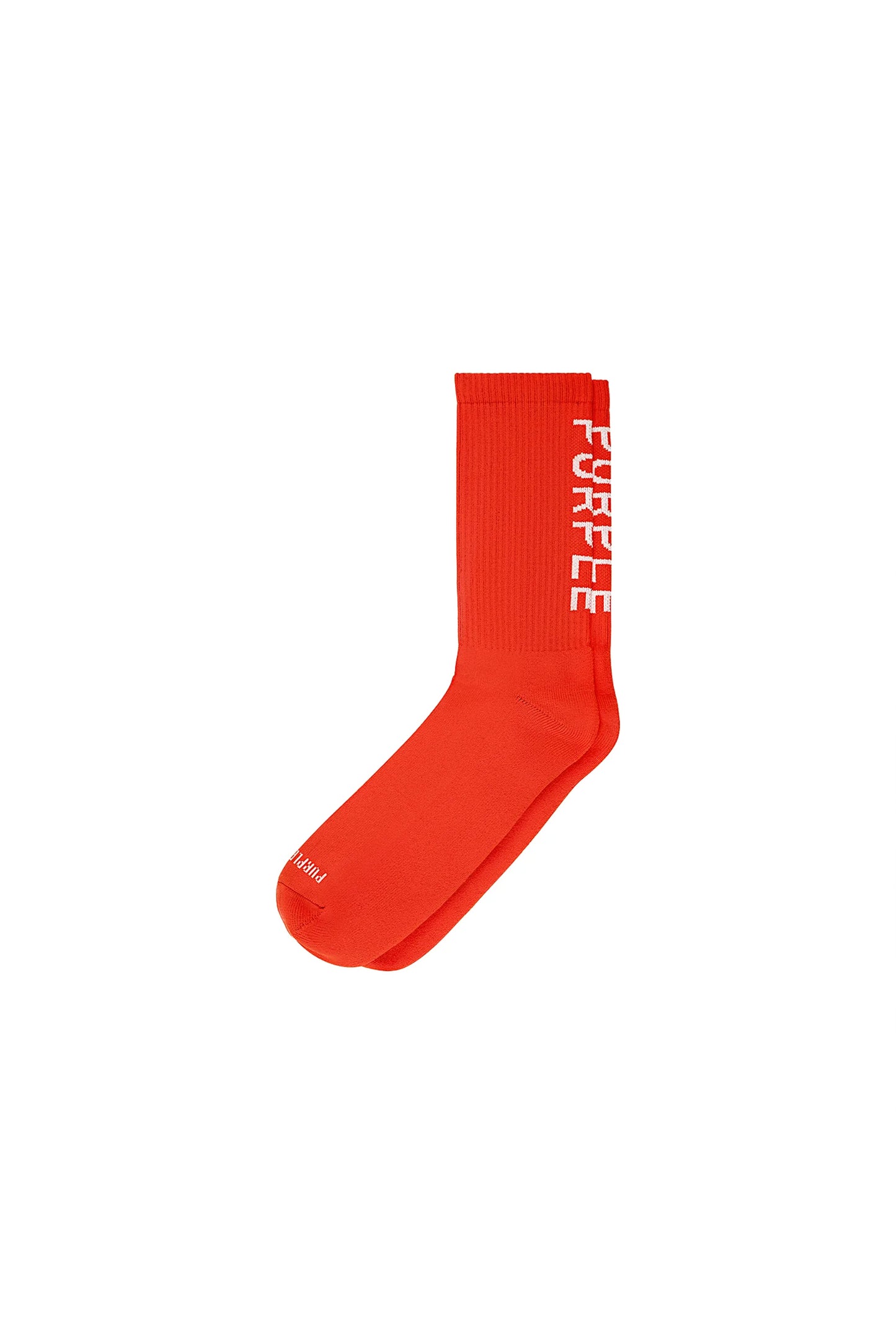 red ribbed crew sock with Purple Brand logo lettering