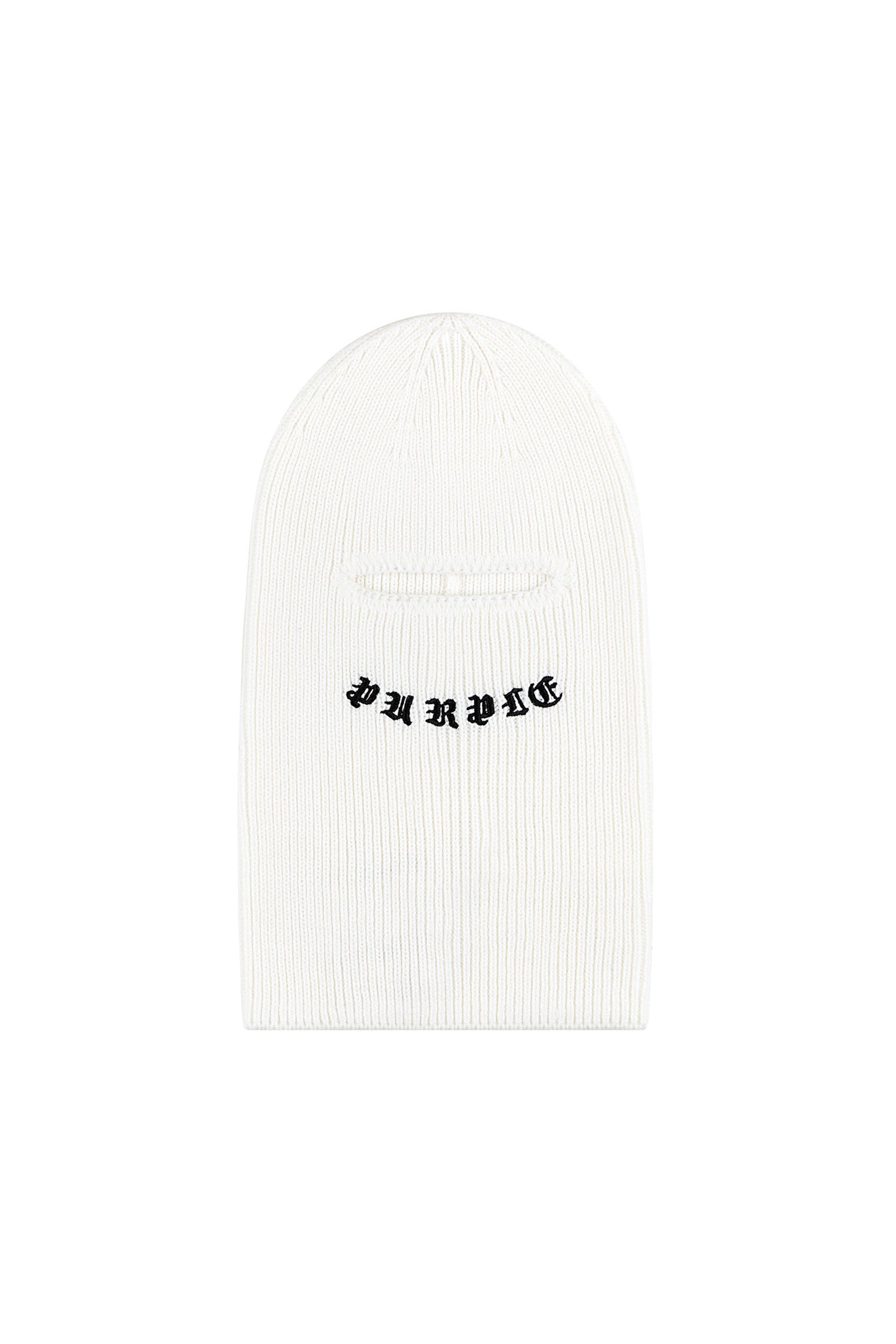 Gothic Wordmark Balaclava with embroidered purple logo and ribbed texture, one size.
