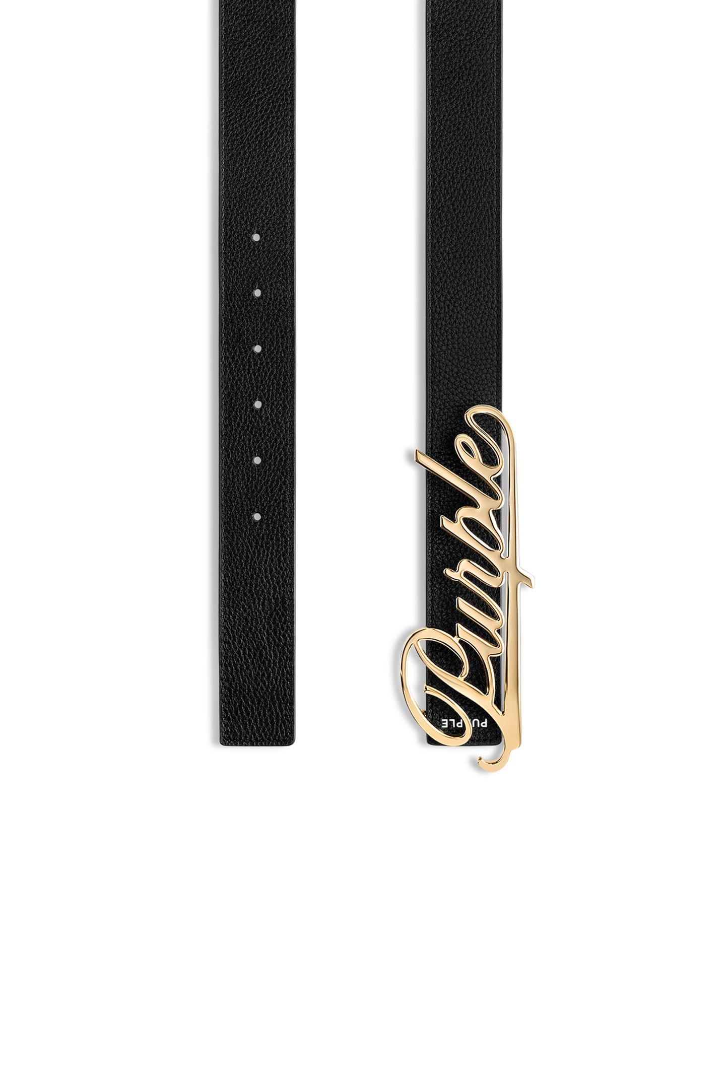 Reversible Script Belt in gold stainless steel with textured leather, available in sizes S, M, L