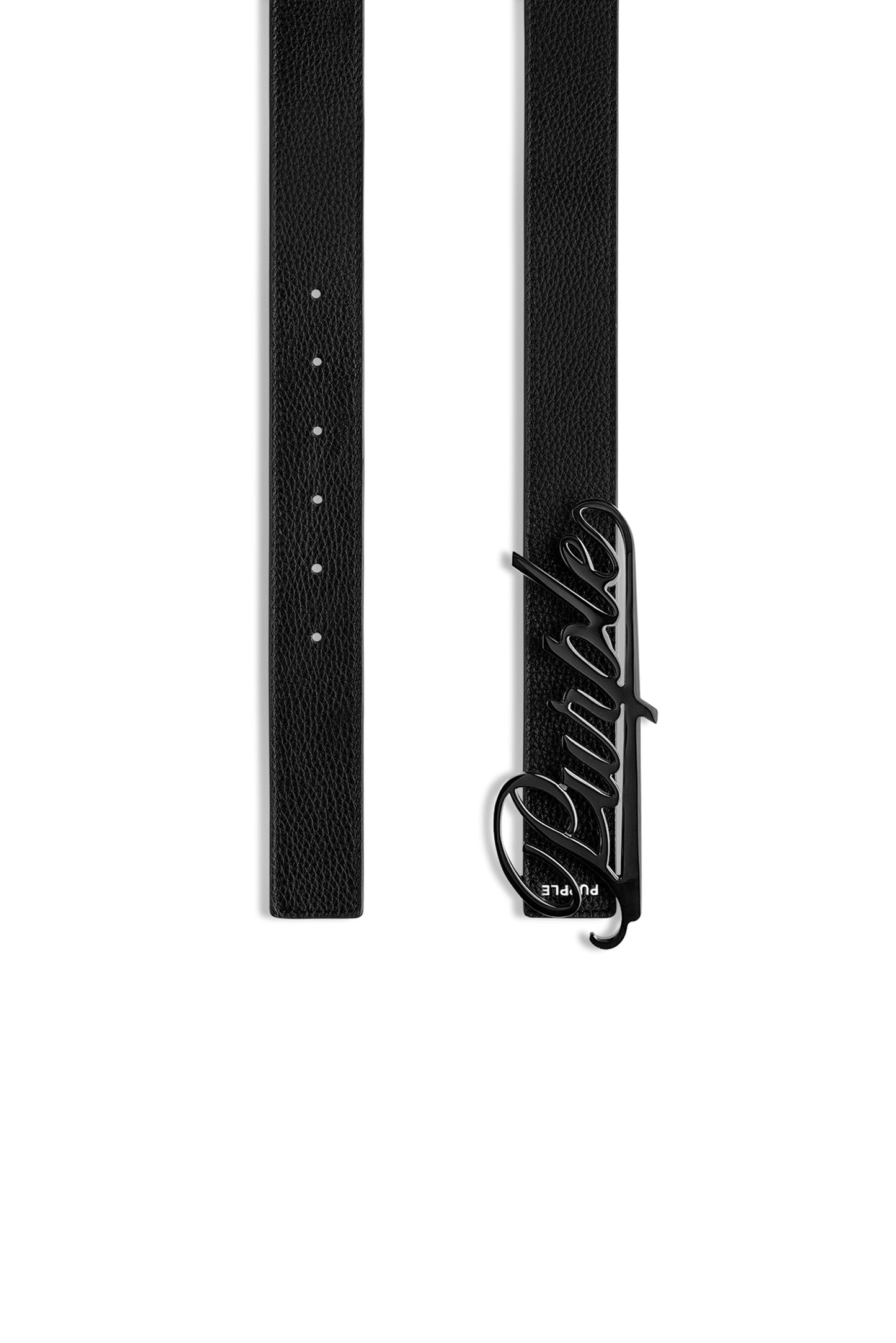 Reversible Script Belt in textured leather with gold stainless steel buckle, sizes S, M, L.