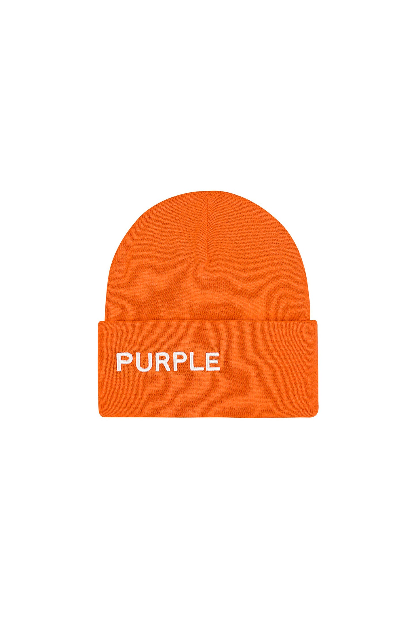 P921 acrylic cuffed beanie hat in orange with embroidered Purple Brand logo on cuff.