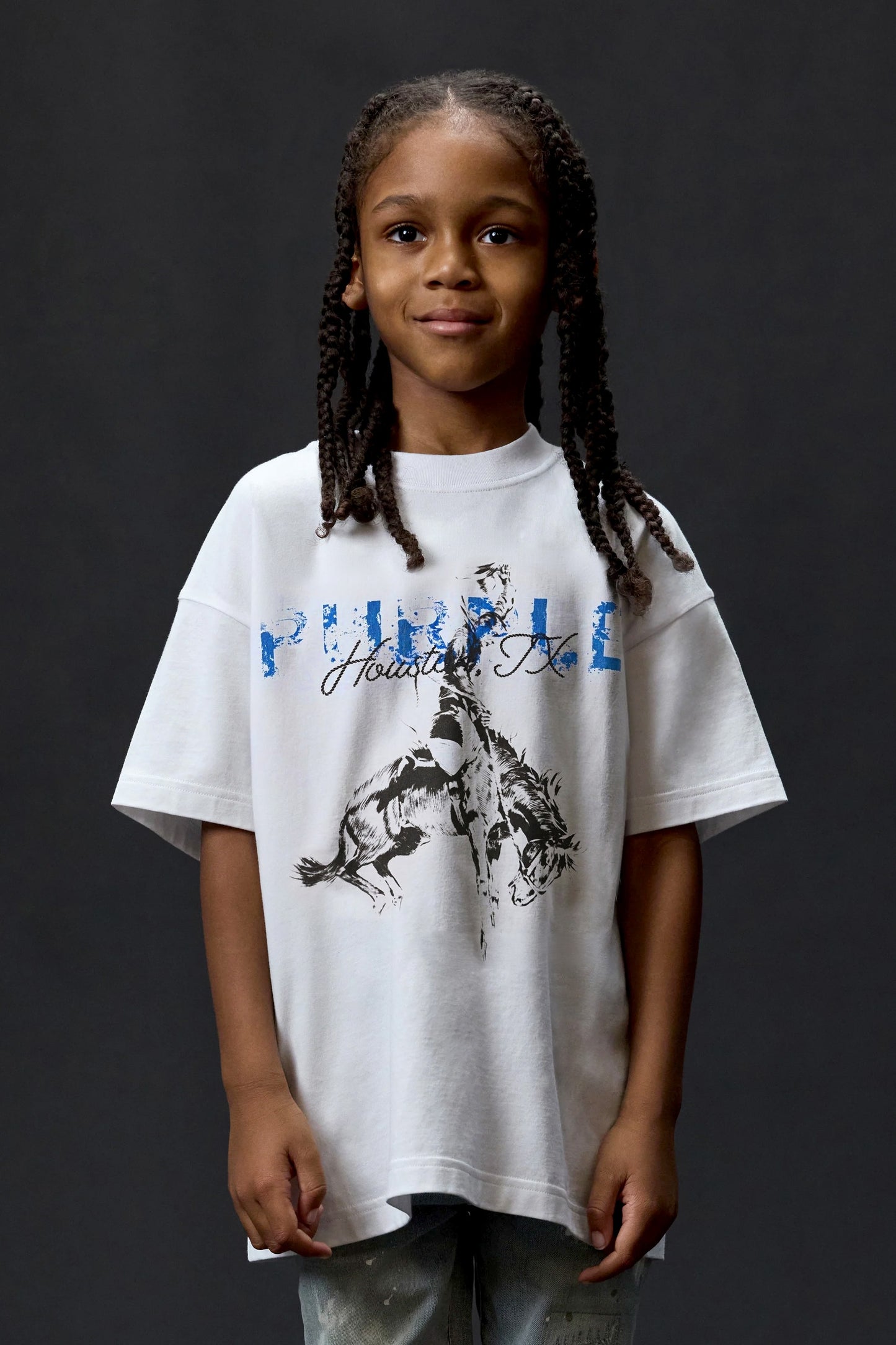 Kids Riding High Tee in relaxed fit with digital and puff print, available in sizes 4-5 to 12.