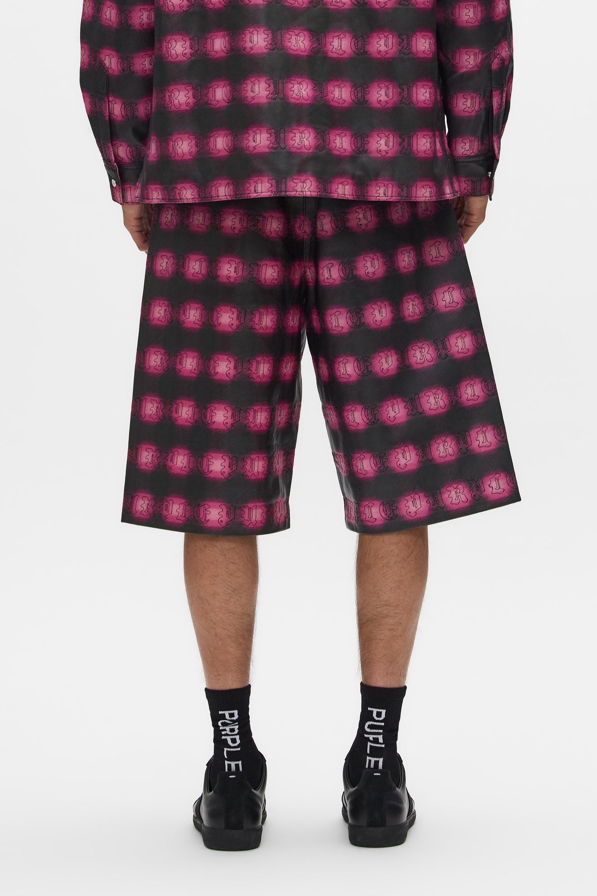 Plaid Leather Shorts in relaxed fit with back zipper pocket and all over embroidery.