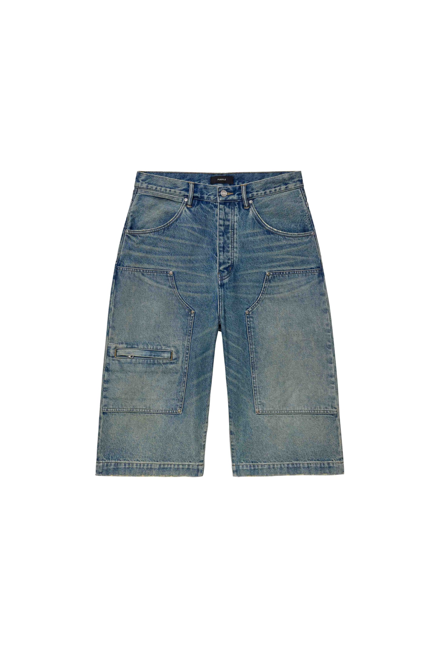 Workwear Short in Steel Blue, mid-rise, barrel leg, lined back pockets, available in various sizes.
