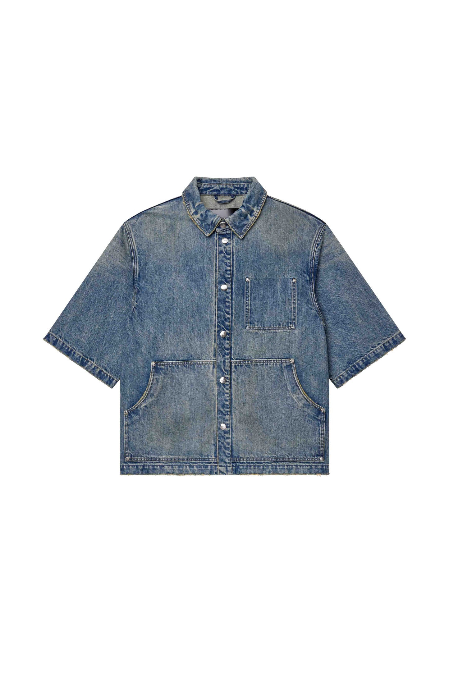 Workwear Shirt in Steel Blue, oversized, cropped length, 100% cotton, snap front closure.