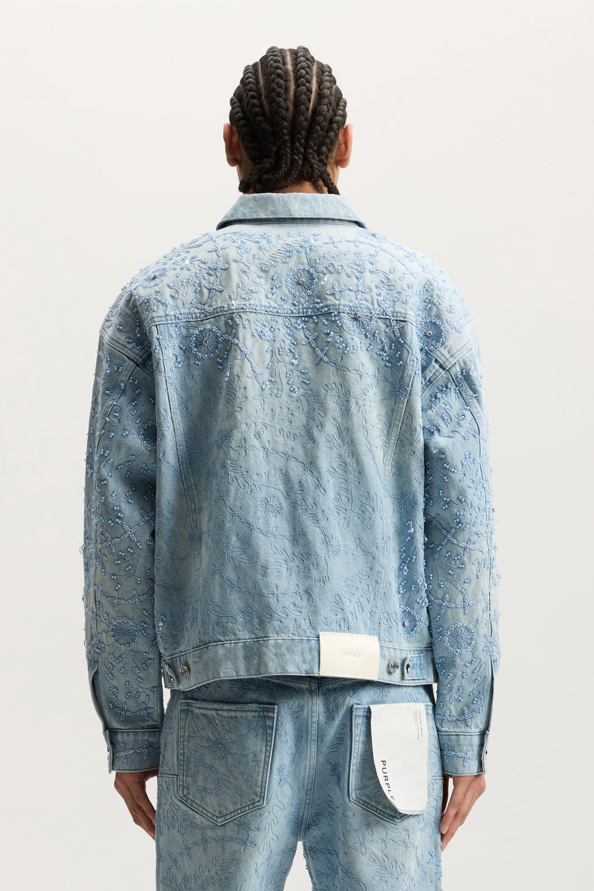 Embellished Trucker Jacket with pearls, beads, and crystal embroidery, available in multiple sizes.