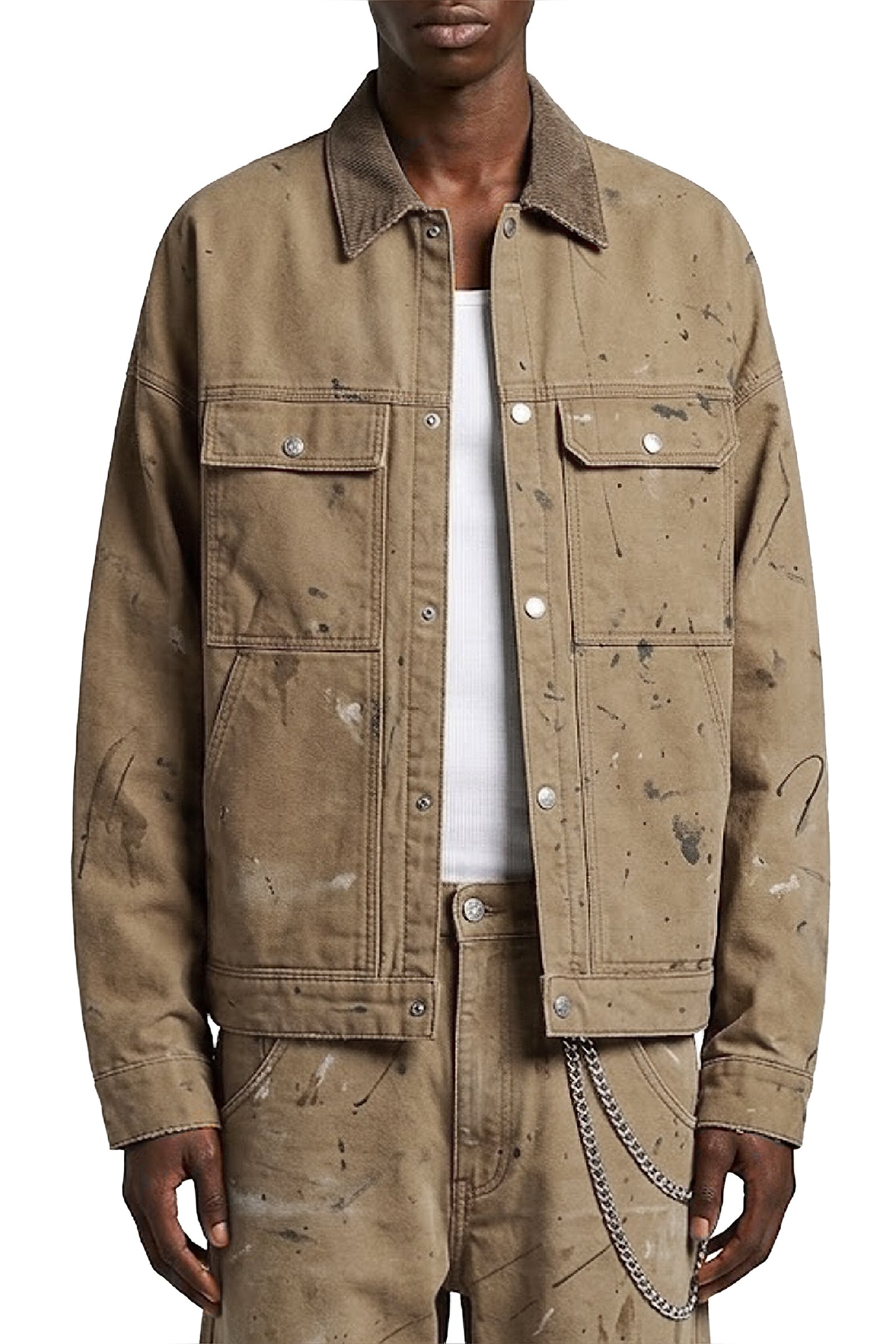 Overdyed Twill Jacket with oversized drop shoulder and suede collar, available in various sizes.