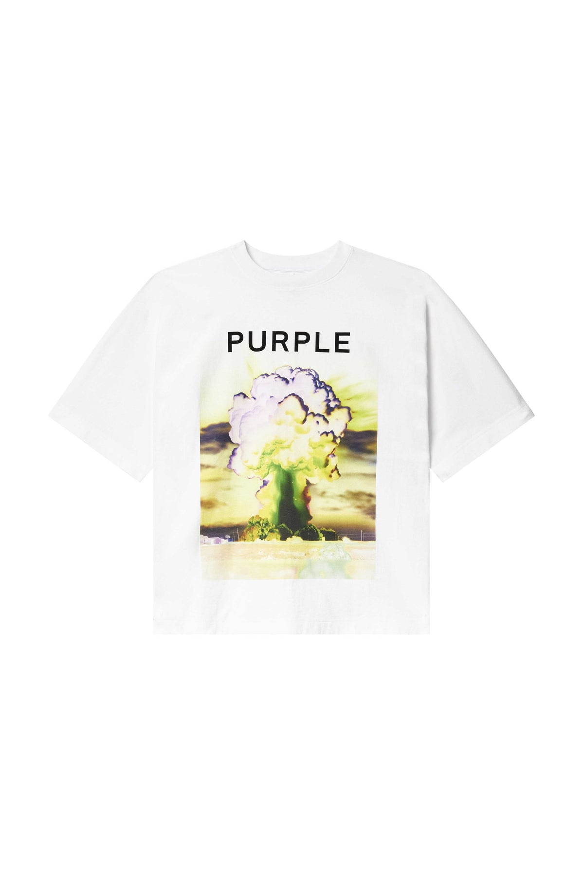 Force Majeure Tee in white, featuring colorful graphic and Purple Brand lettering on chest.