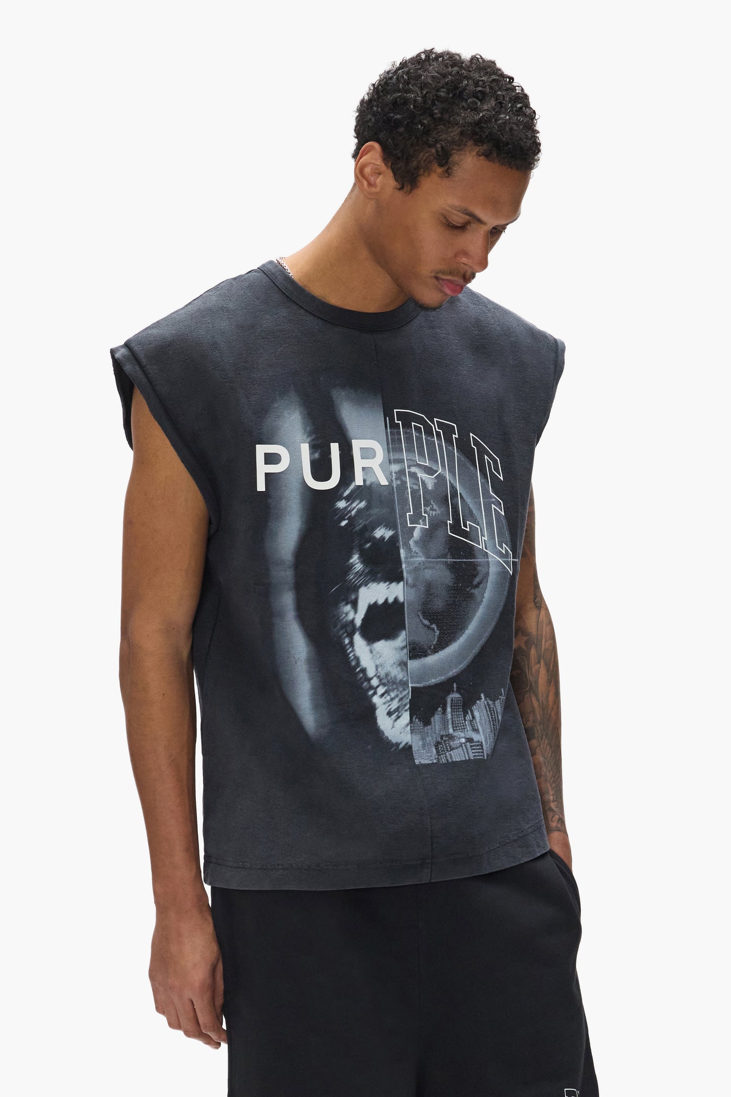 Half Life Tank Top oversized white cotton with digital print and acid wash texture.