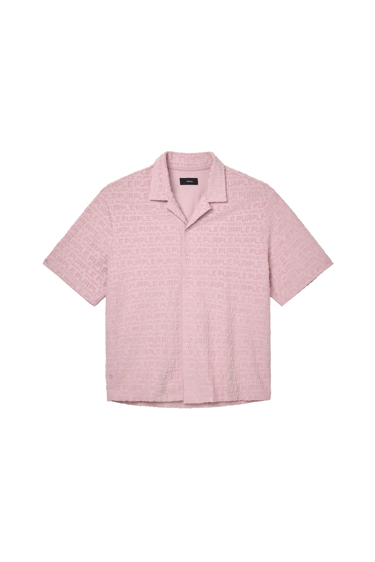 Jacquard Terry Shirt in Burnished Lilac with Wordmark Effect, available in various sizes.