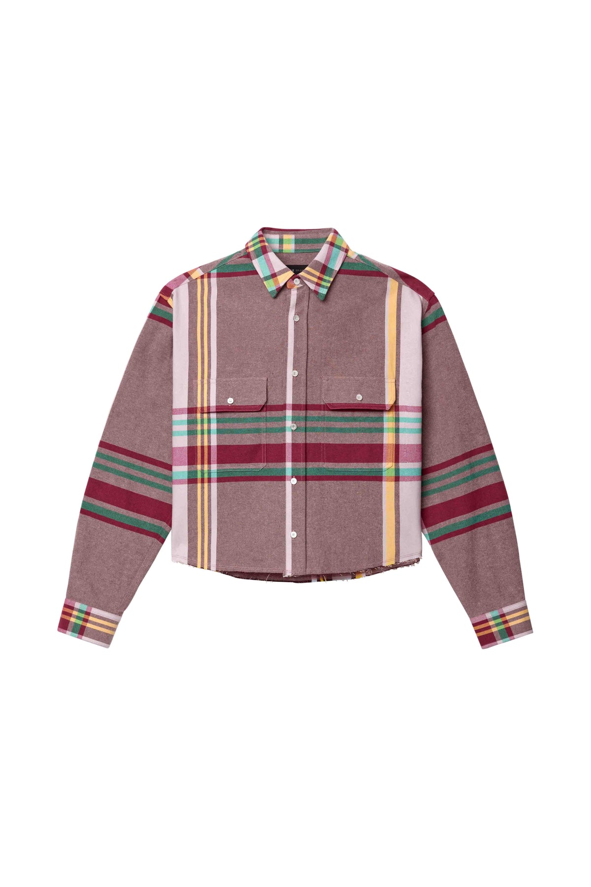 Fade Plaid Shirt with relaxed fit, cropped body, and two chest pockets in madras plaid design.