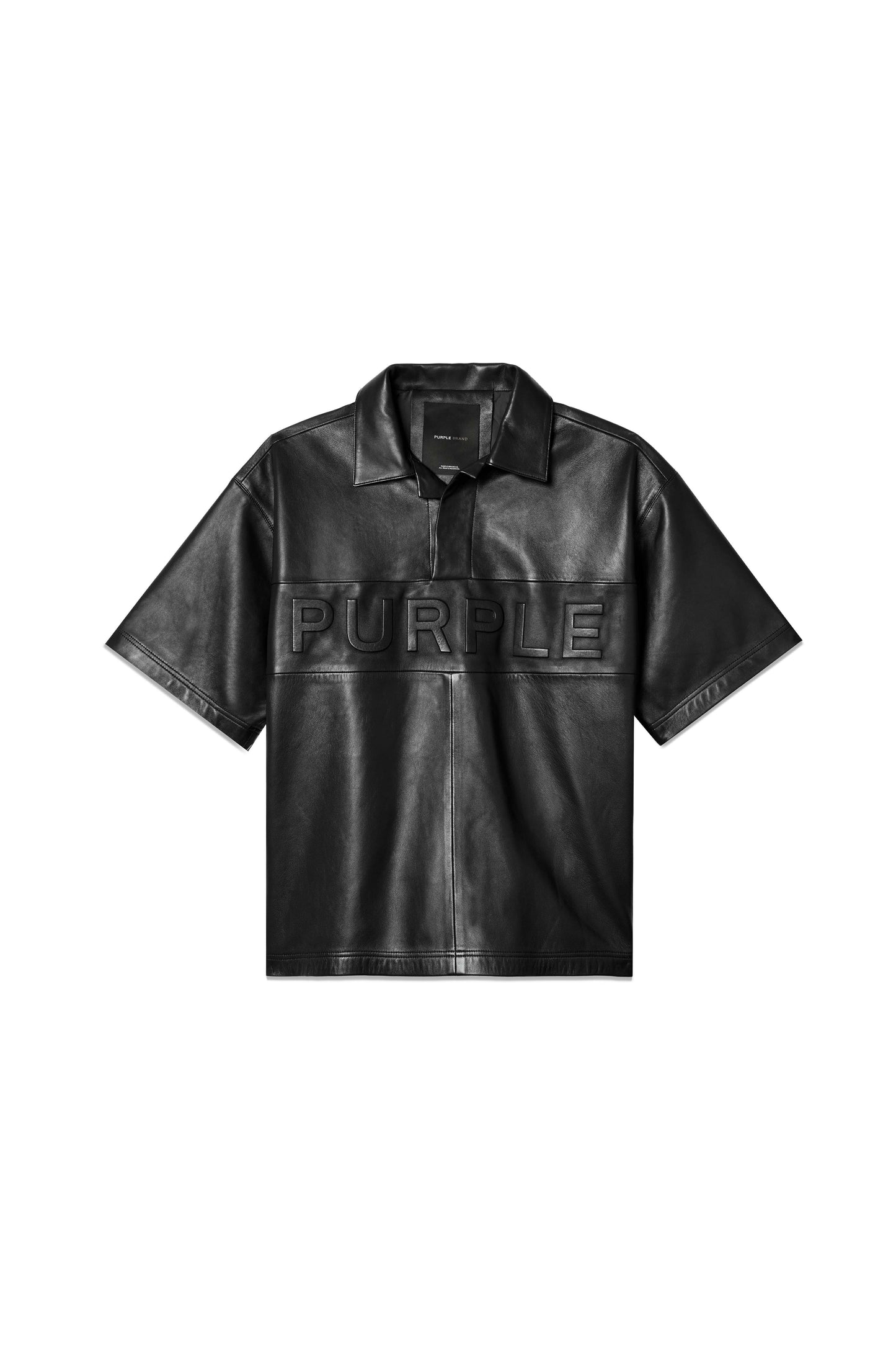 Black Leather Short Sleeve Polo with oversized fit and Purple Brand logo detail.