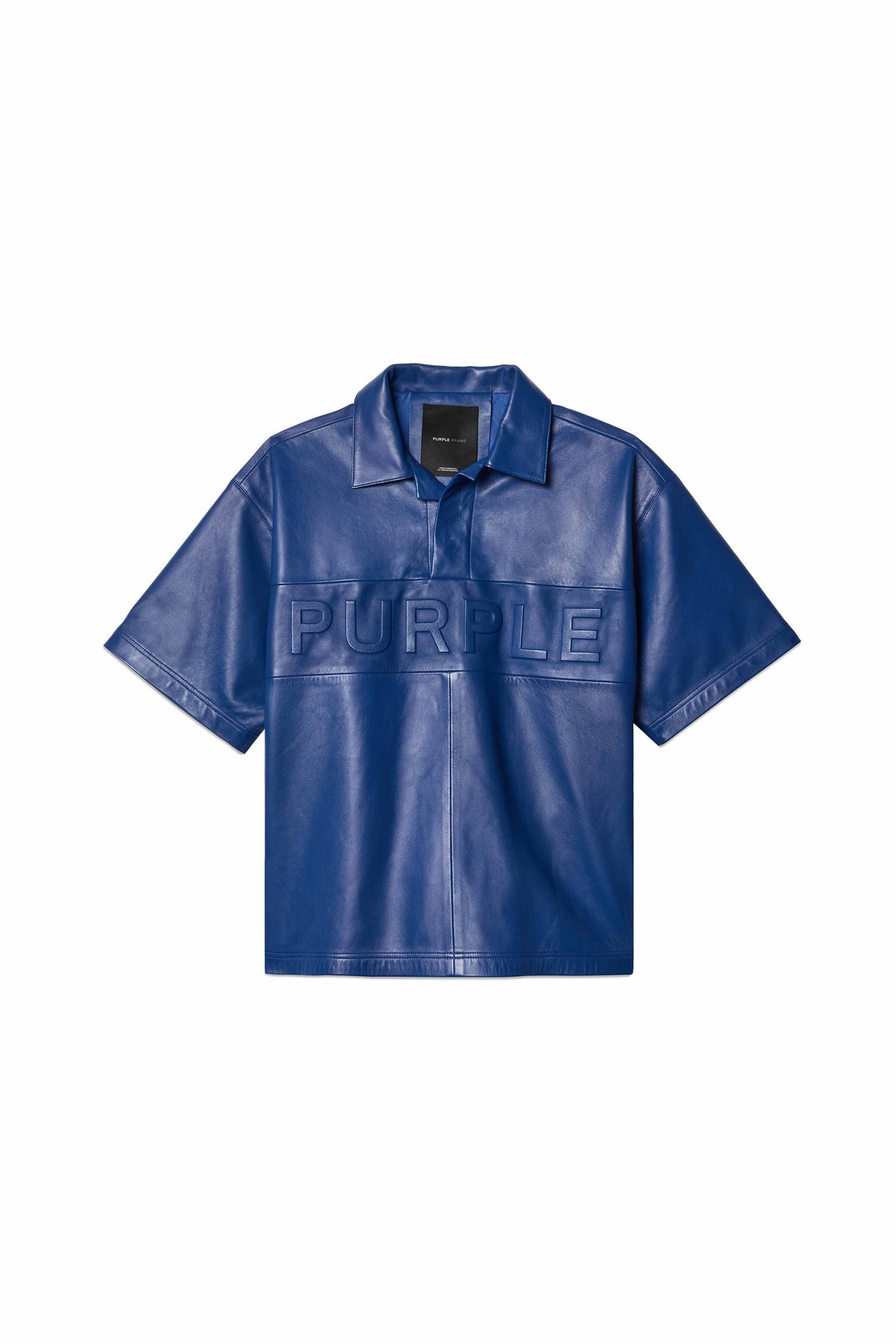 Leather Short Sleeve Polo in Blue with oversized fit and Purple Brand logo embossed.
