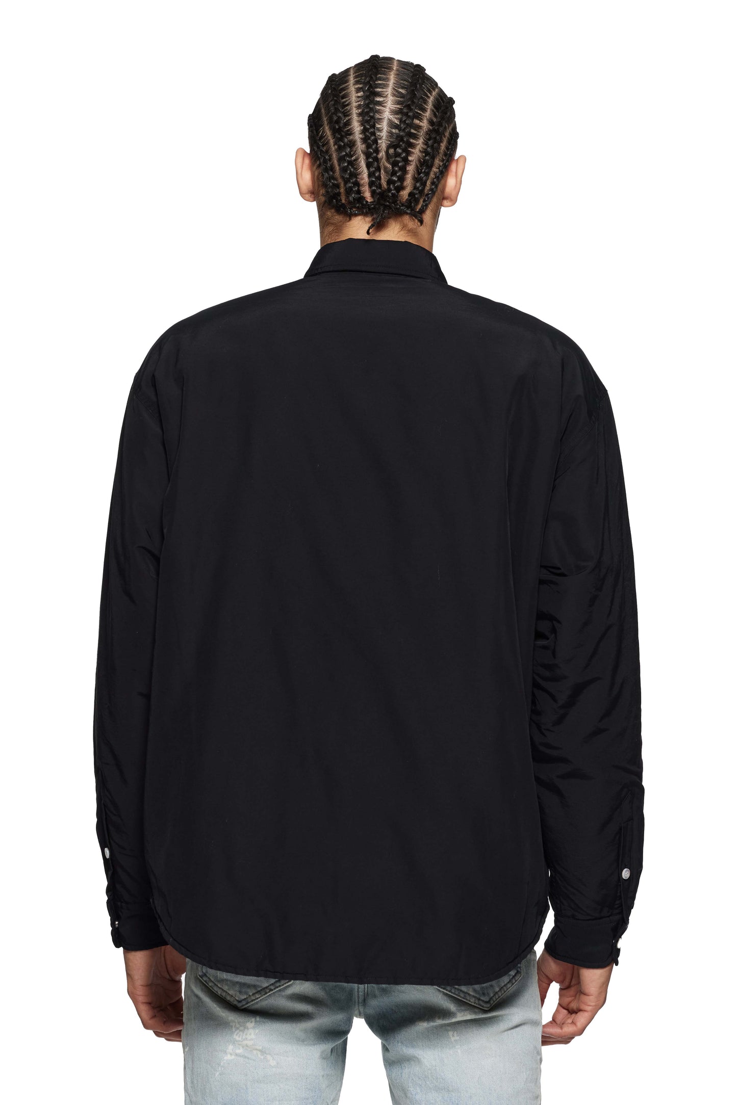 Snap Front Shirt Jacket with flasher tag print and all-over embroidery, relaxed fit.