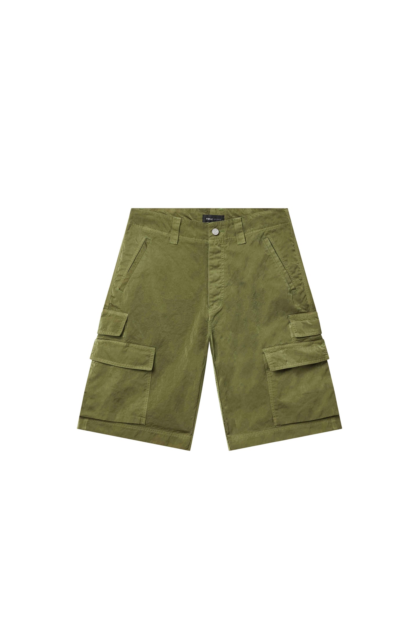 Cargo Shorts in green sateen with five-pocket design and utility flap pockets.
