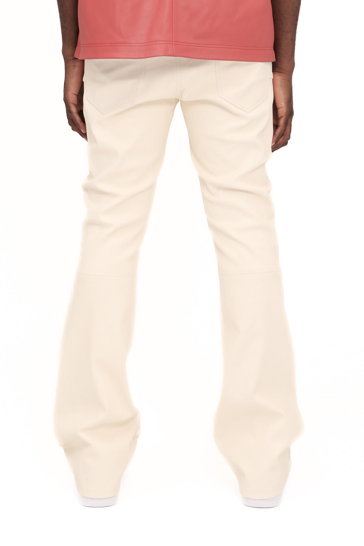 Leather Flare Pant in white, 100% lamb leather, stretch fit with crackle wash finish.