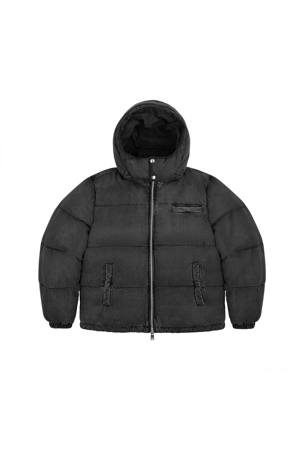 Black denim puffer jacket with zip front, high neck, insulating hood, and side zip pockets.