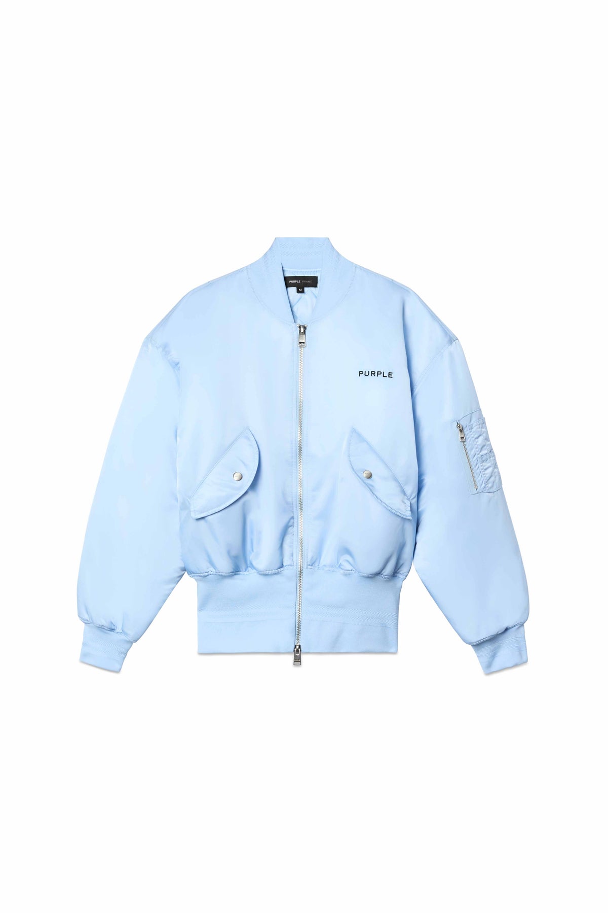 Wordmark Bomber Jacket in blue satin with purple logo detailing and zipped sleeve pocket.