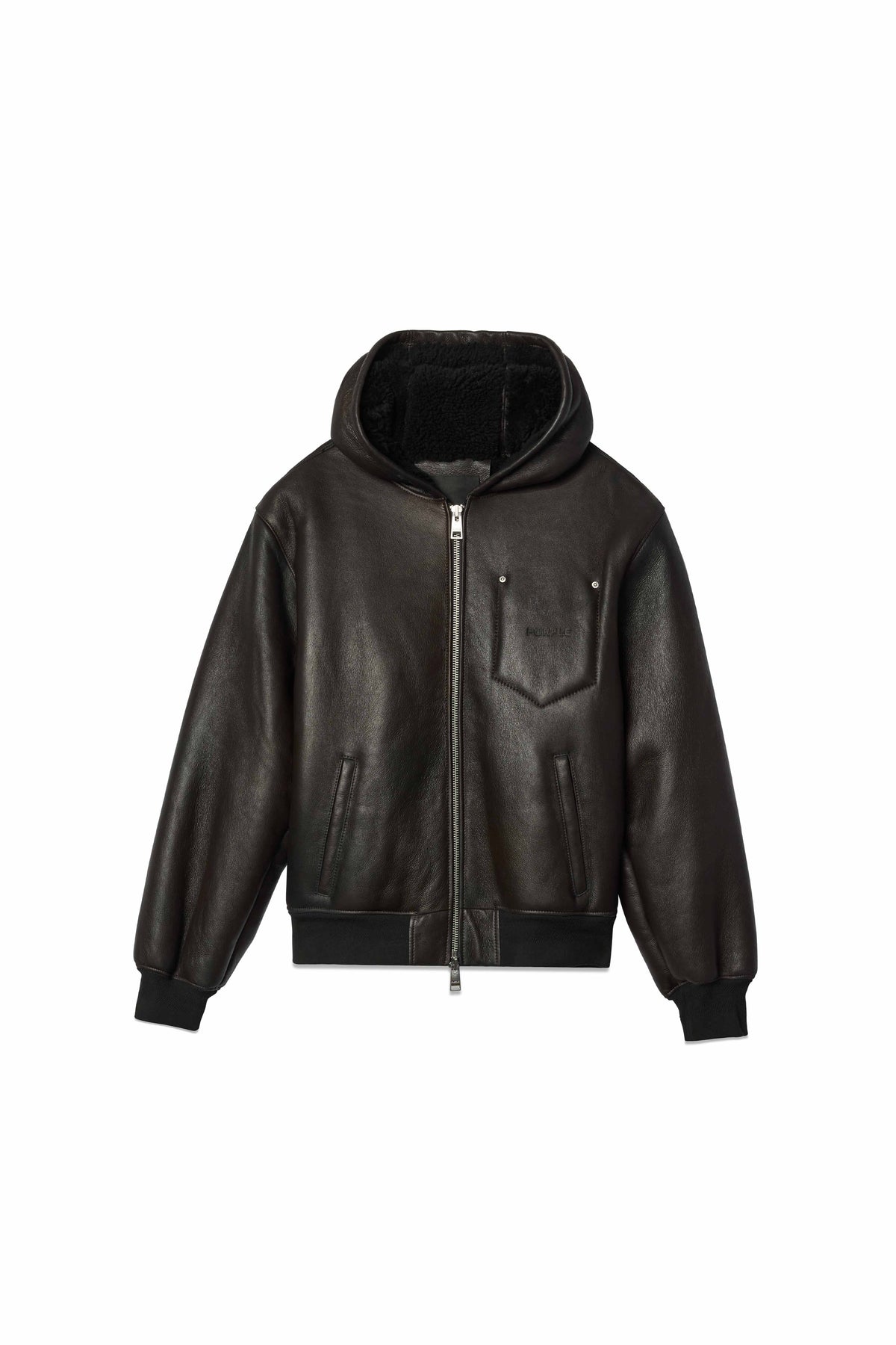 Black Leather Zip Up Hoodie with slit pockets and Purple Brand logo, oversized fit.