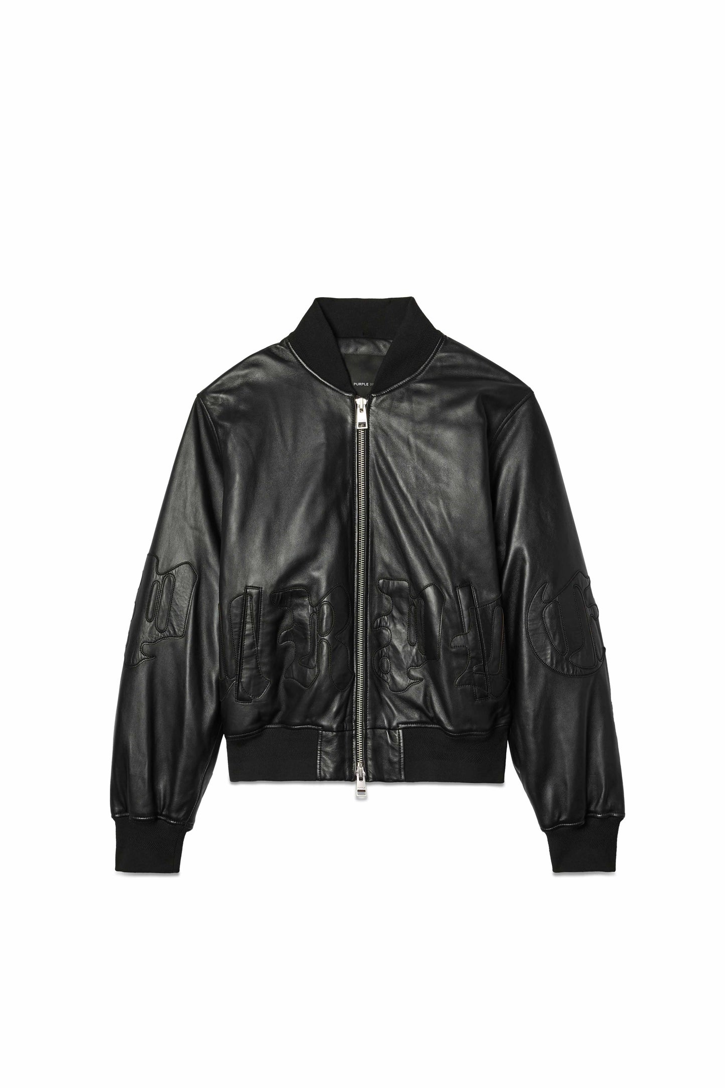 Black leather bomber jacket with embroidered Purple Brand logo and zip-front design.