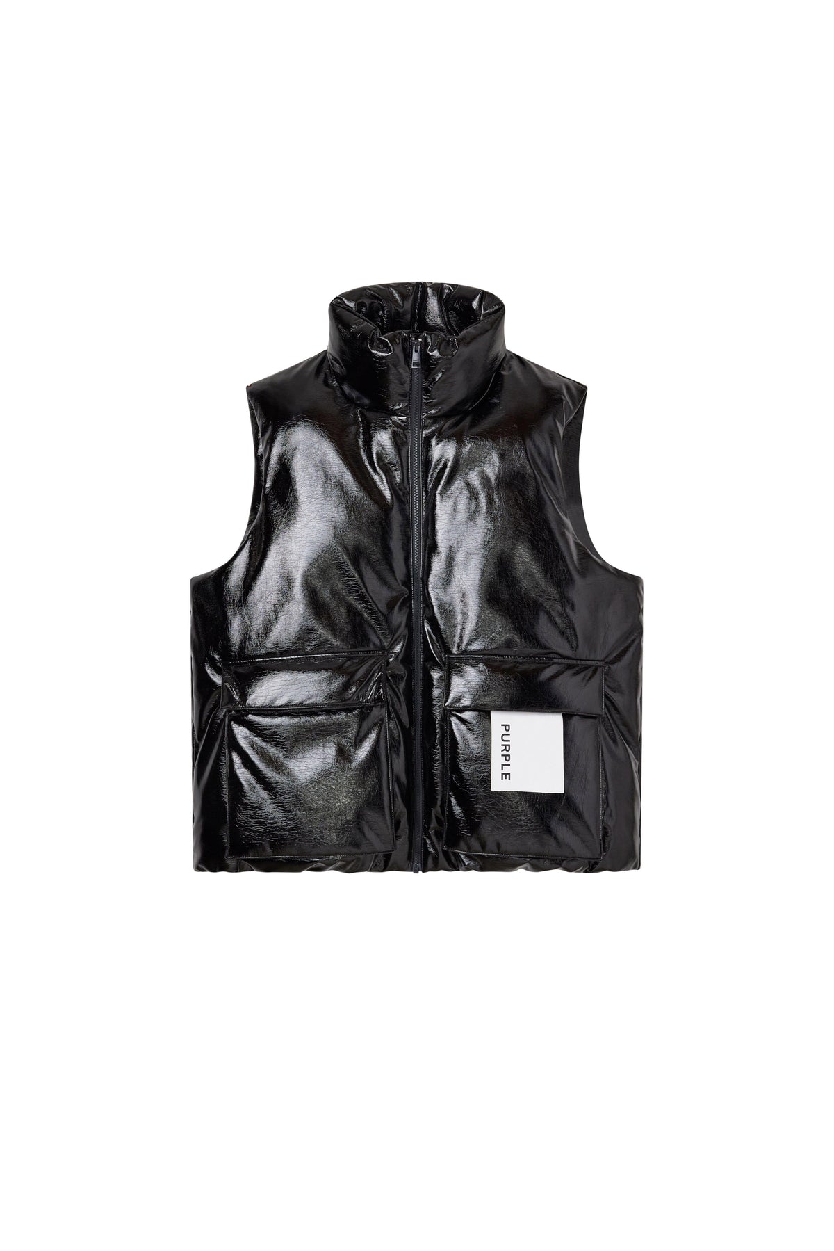 Leather Puffer Vest in black faux leather with oversized fit for fall winter 2025.
