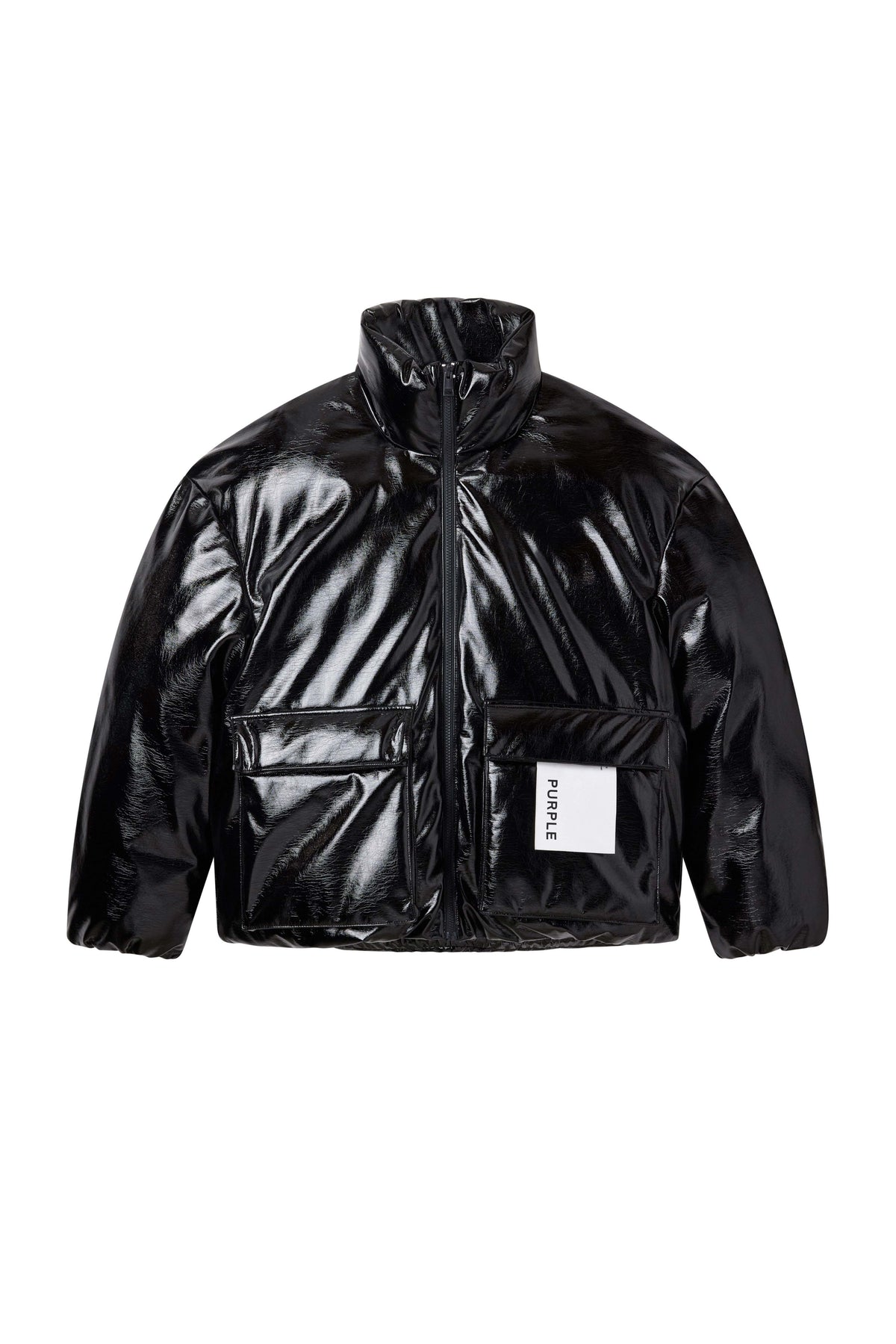 Leather Puffer Jacket in Black Patent, oversized fit, 100% faux leather outer.