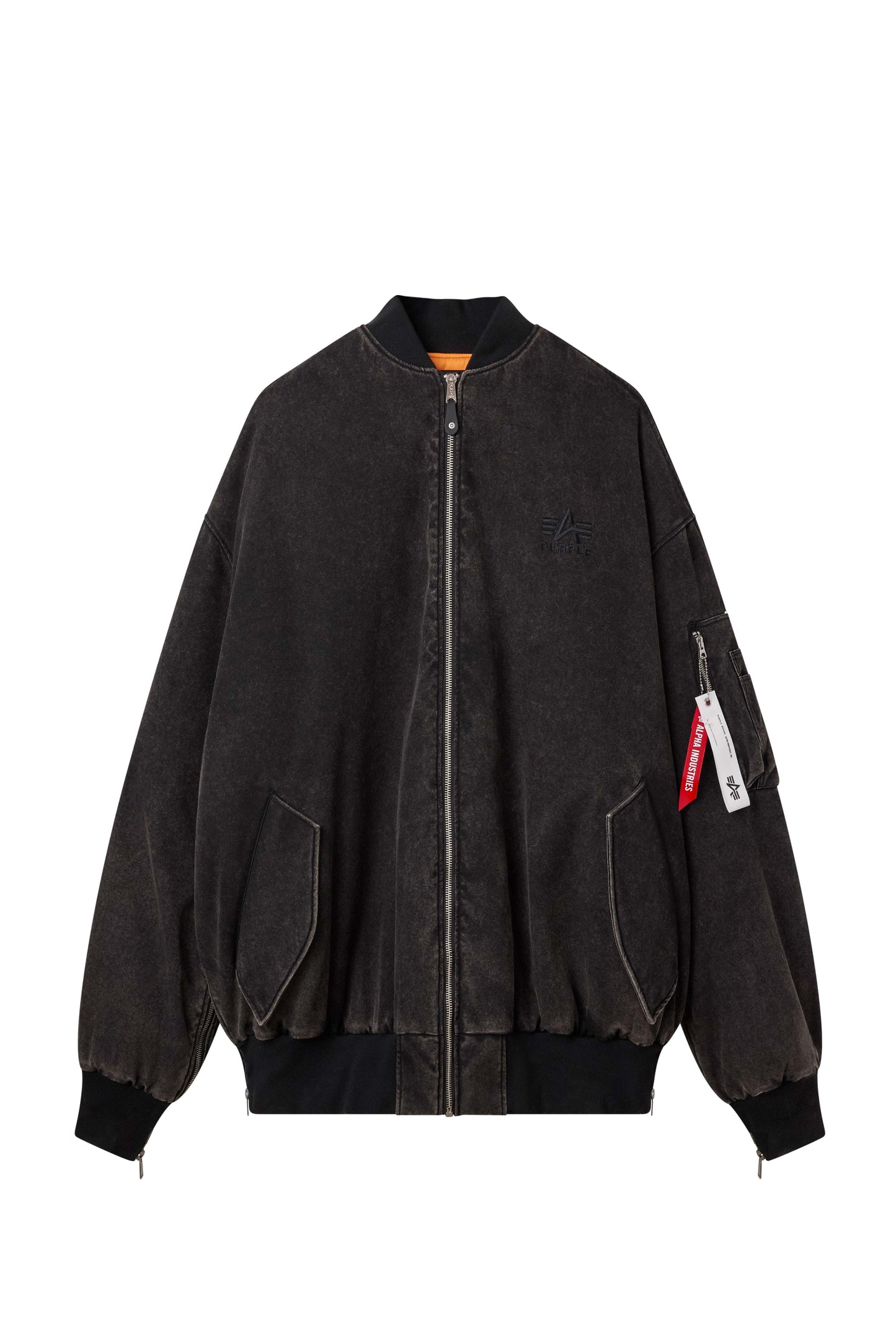 Purple X Alpha Industries Giant Bomber oversized outerwear in black with unique multipurpose design