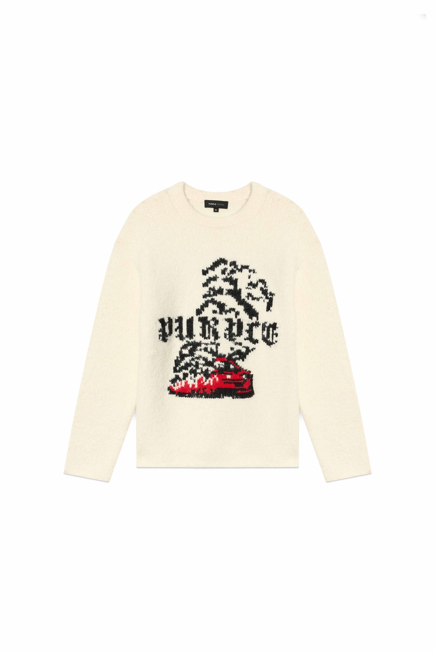 Oversized white Smoke Show Sweater with crewneck and gothic purple graphic logo.