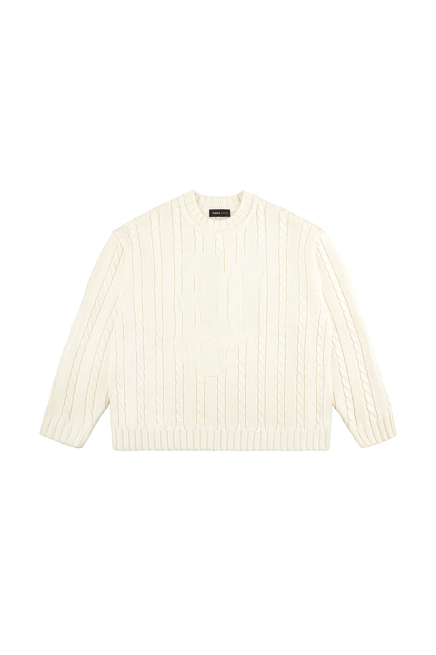 Gothic P Cable Knit Sweater in white with crewneck and gothic purple brand monogram.