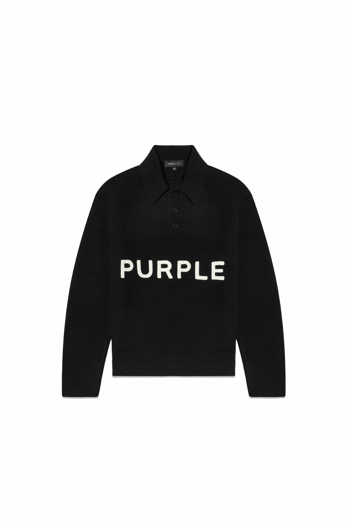 Wordmark Polo Sweater in textured black knit with button-up collar and contrast logo lettering.