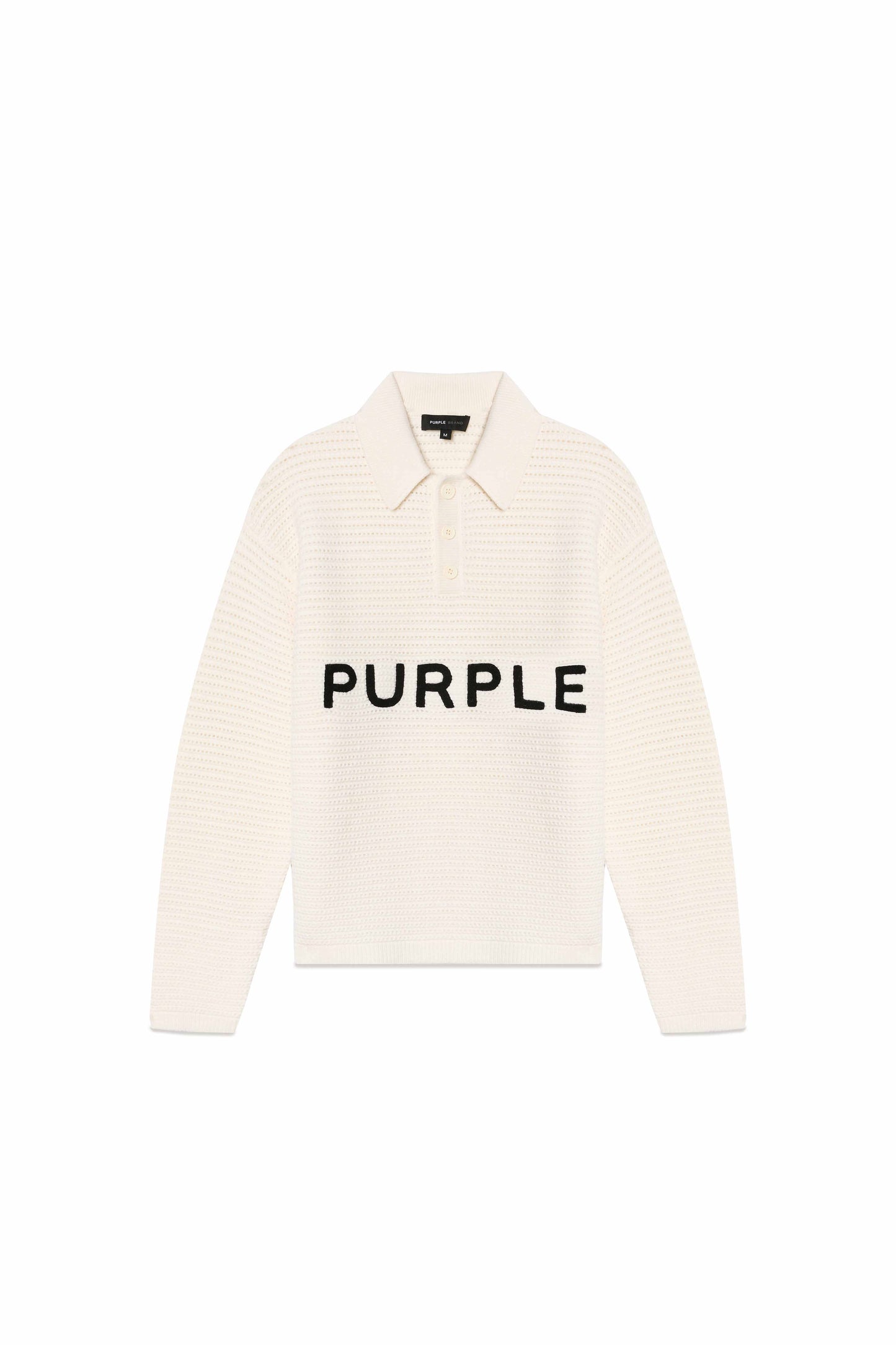 Wordmark Polo Sweater off-white knit pullover with button-up collar and purple logo lettering