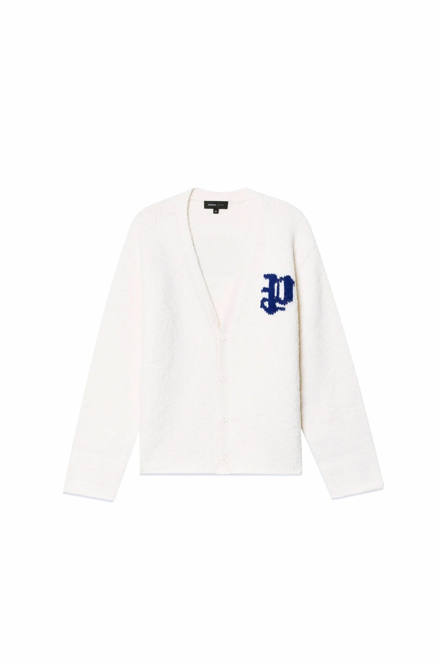 Gothic Wordmark Cardigan in white featuring a v-neck and button-down placket.