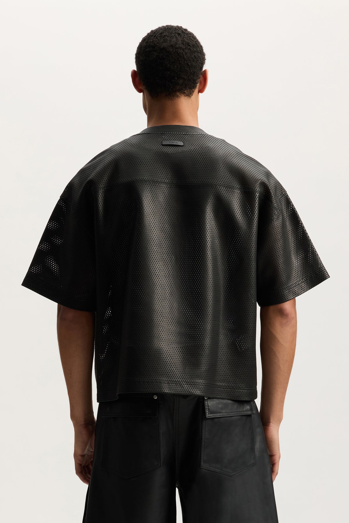 Leather Mesh Tee in relaxed fit, made from perforated soft nappa lamb leather.