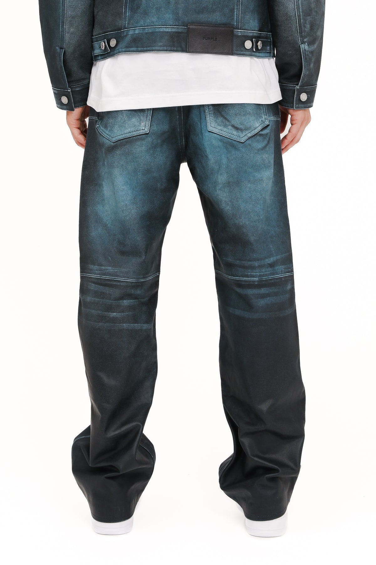 Leather Baggy Pant in distressed black, crafted from 100% cow leather, available in various sizes.