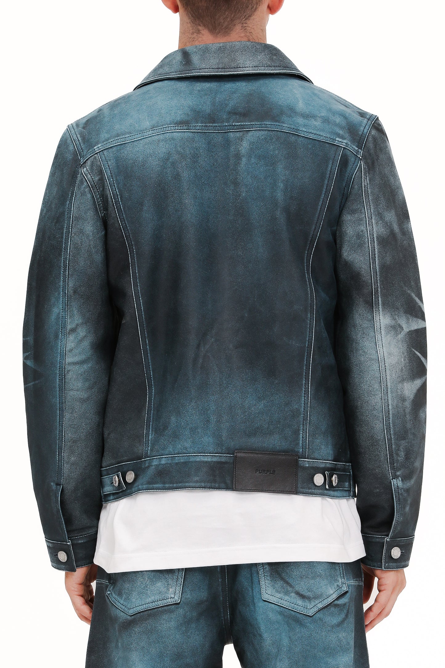 Leather Trucker Jacket in distressed black, made from 100% cow leather, available in multiple sizes.