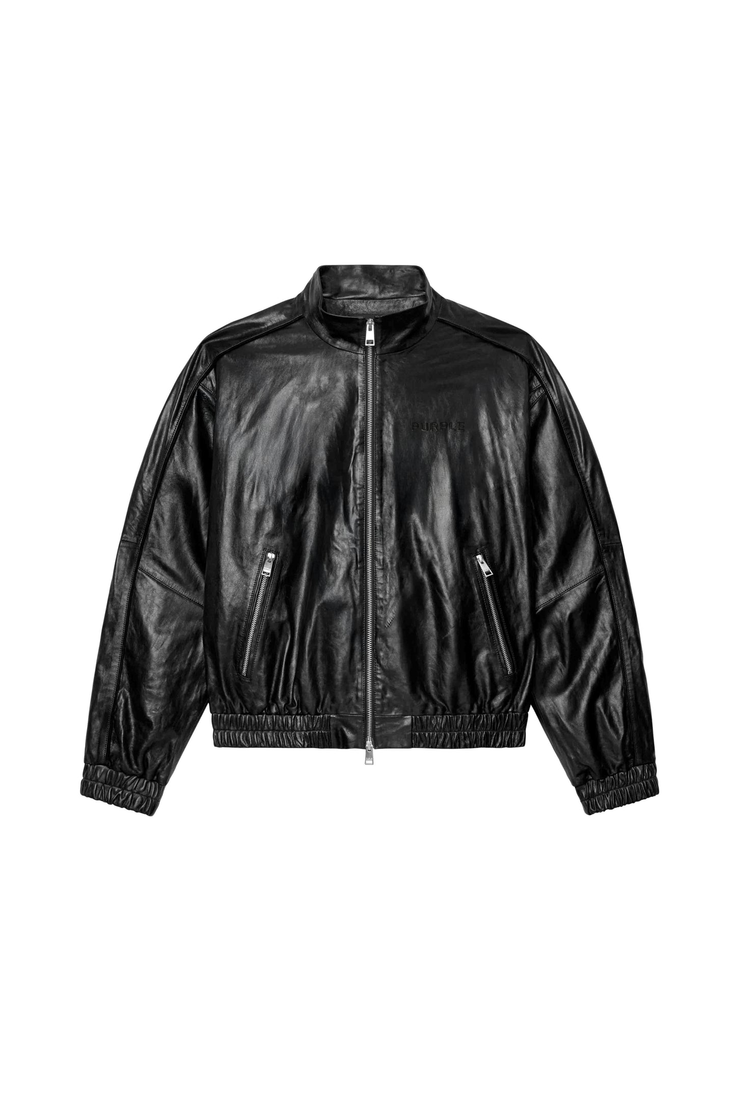 Black Leather Track Jacket with relaxed fit and zipper hand pocket