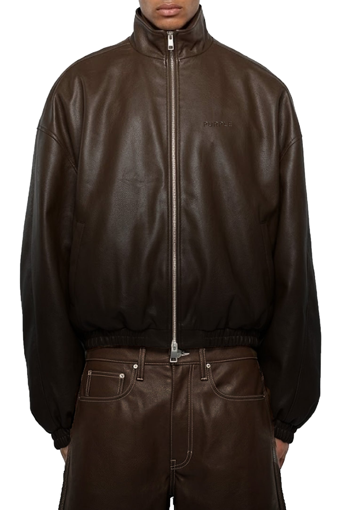 Leather Track Jacket in relaxed fit made of 100% cowhide leather, available in sizes XS-XXL.
