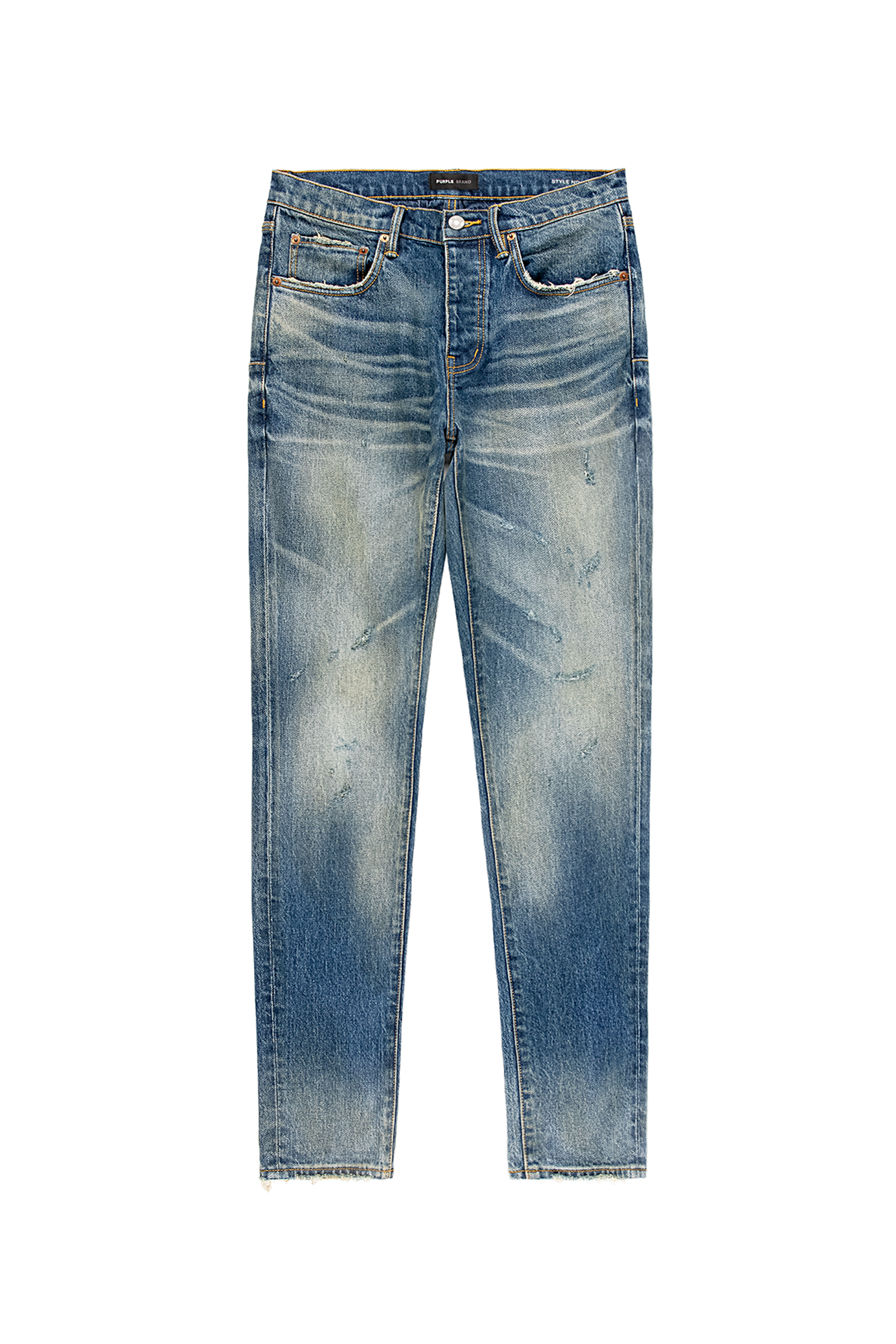 Dirty Patina low rise skinny denim in dark indigo wash with five pocket styling.
