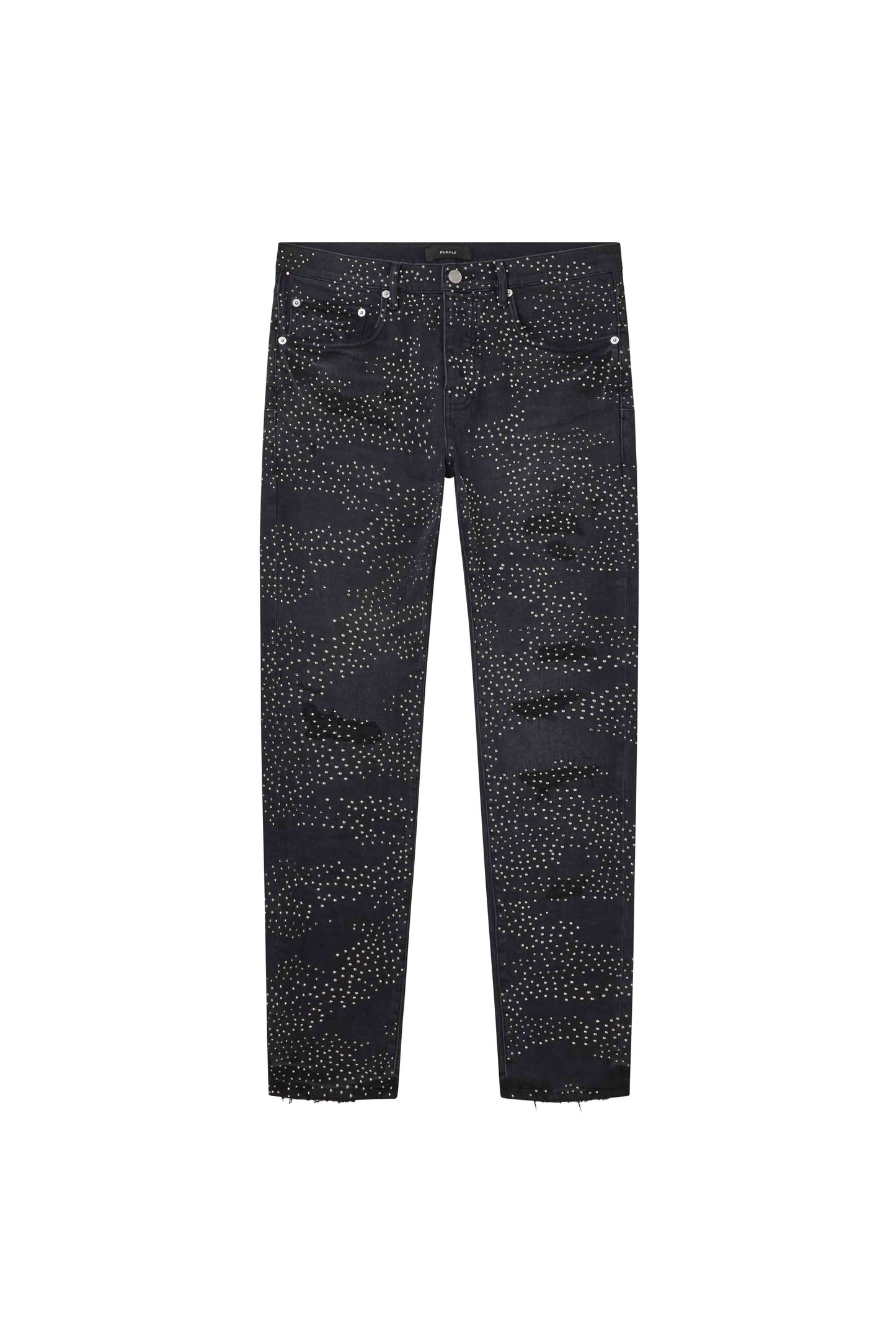 Skinny Hotfix Camo denim with all-over hotfix crystals in black, available in various sizes.