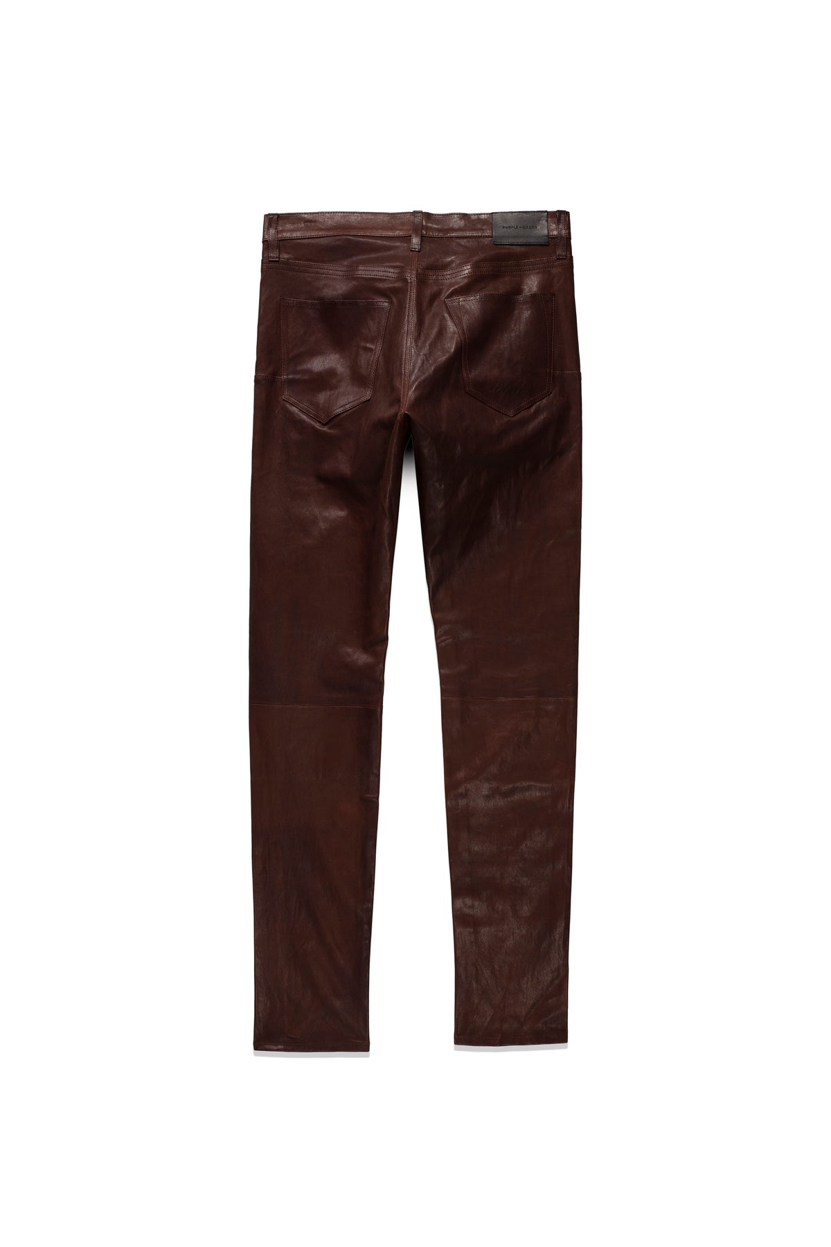 Low rise skinny pant in stretch leather, vintage brown, available in various sizes.