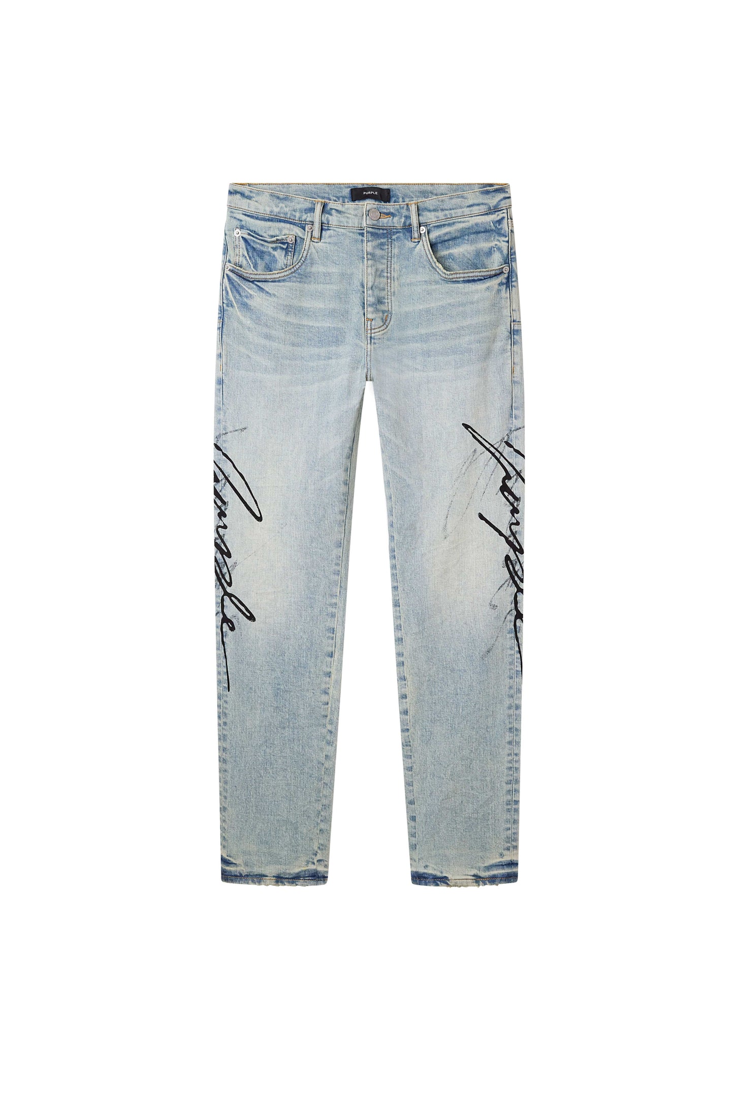 P001 Double Script Stretch Skinny Denim in Light Indigo with Purple logo print
