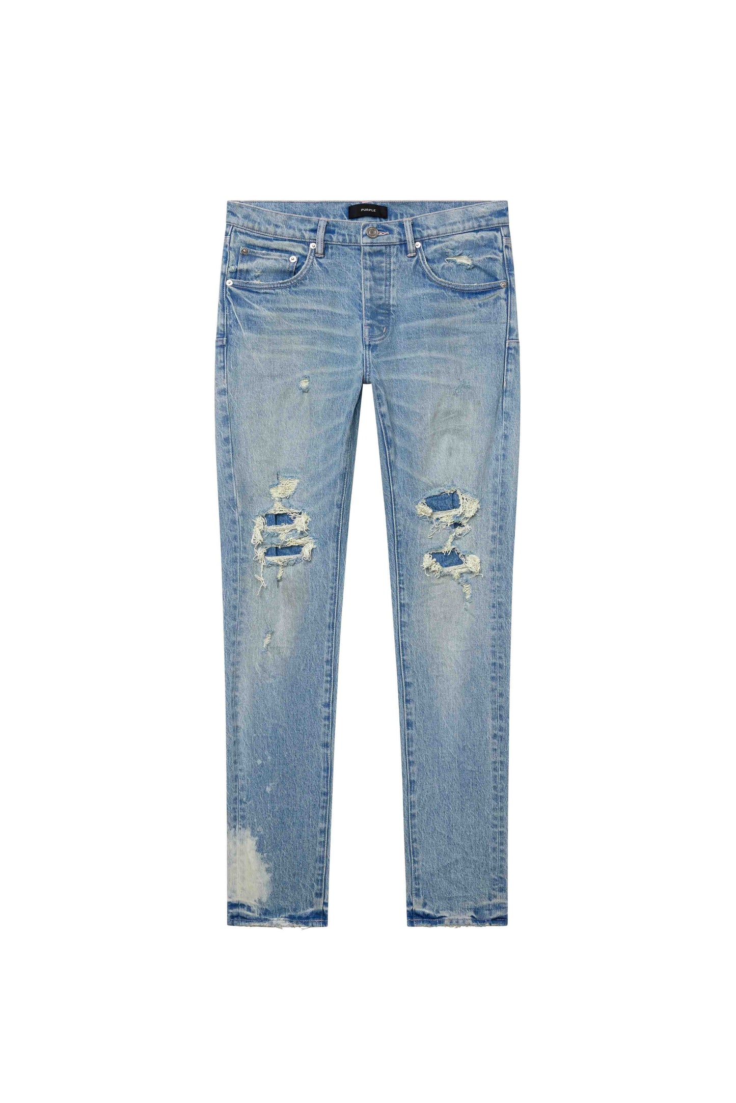 Stretch skinny light indigo denim jeans with front blowouts and bleach detail, sizes 28-40.