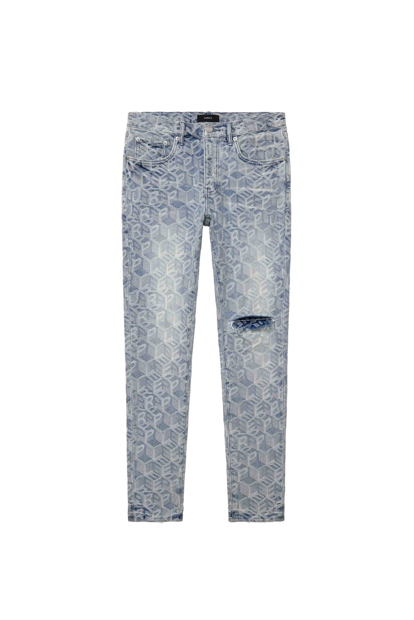 Jacquard Monogram Light Indigo Stretch Skinny Denim with 5 pocket styling and button fly.